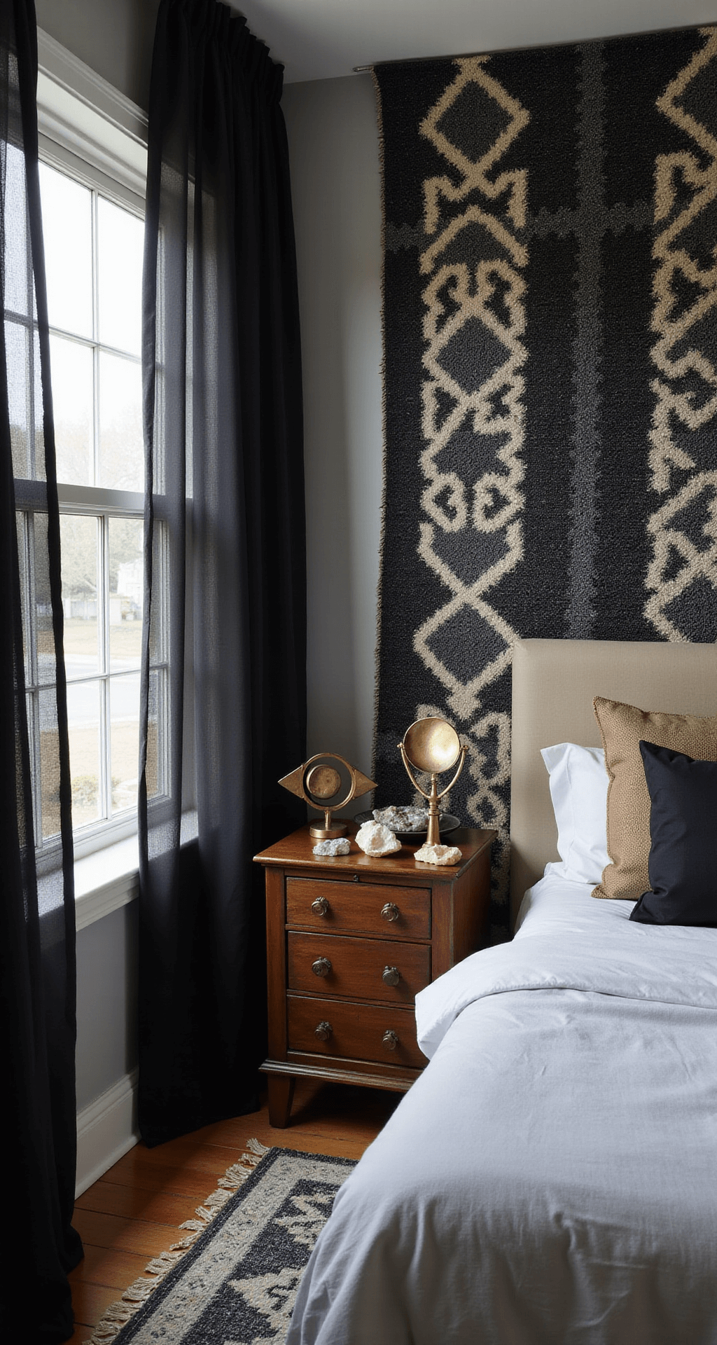 Intimate bedroom alcove with black sheer curtains allowing soft daylight, vintage wooden side table displaying crystals and brass lunar phase sculptures, geometric wall tapestry, and layered Turkish rugs, captured at eye level with a shallow depth of field.