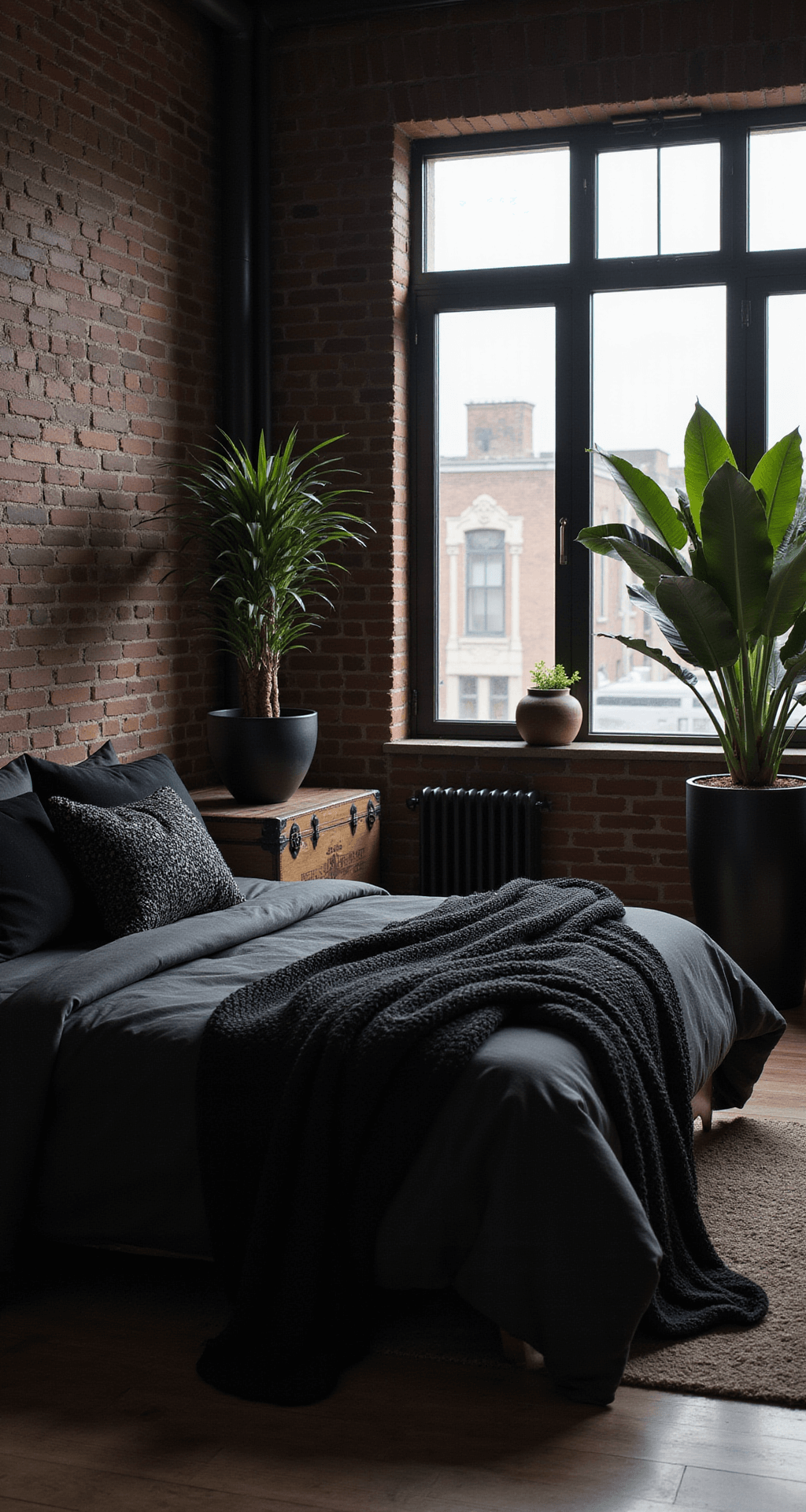 Dramatic dusk scene of a stylish bedroom featuring matte black exposed brick walls, a king-sized bed with black linen and textured pillows, a large snake plant in a black ceramic pot, and a vintage trunk as a bedside table, captured from a corner perspective with a 35mm lens.