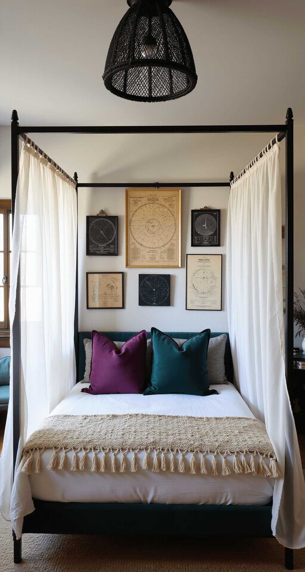 A sun-drenched main bedroom featuring a black canopy bed with white muslin draping, a constellation art gallery wall with vintage star charts, an oversized black rattan pendant lamp, and layered textiles including a Moroccan wedding blanket and velvet throw pillows in deep purple and forest green, captured from an elevated angle.