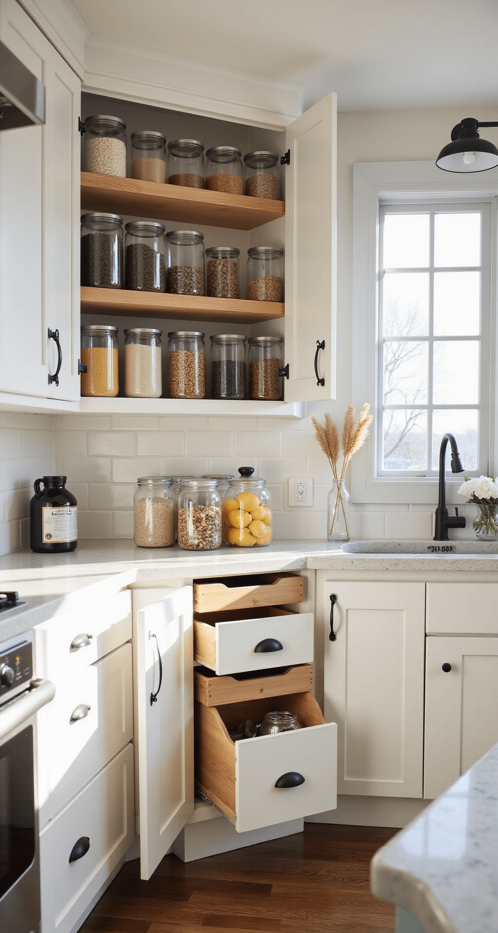 A modern kitchen with large windows, featuring bright natural light, organized open upper cabinets with acrylic containers for dry goods, sleek pull-out drawers with bamboo dividers, white shaker cabinets with matte black hardware, shot from a 45-degree angle with a warm, inviting atmosphere.