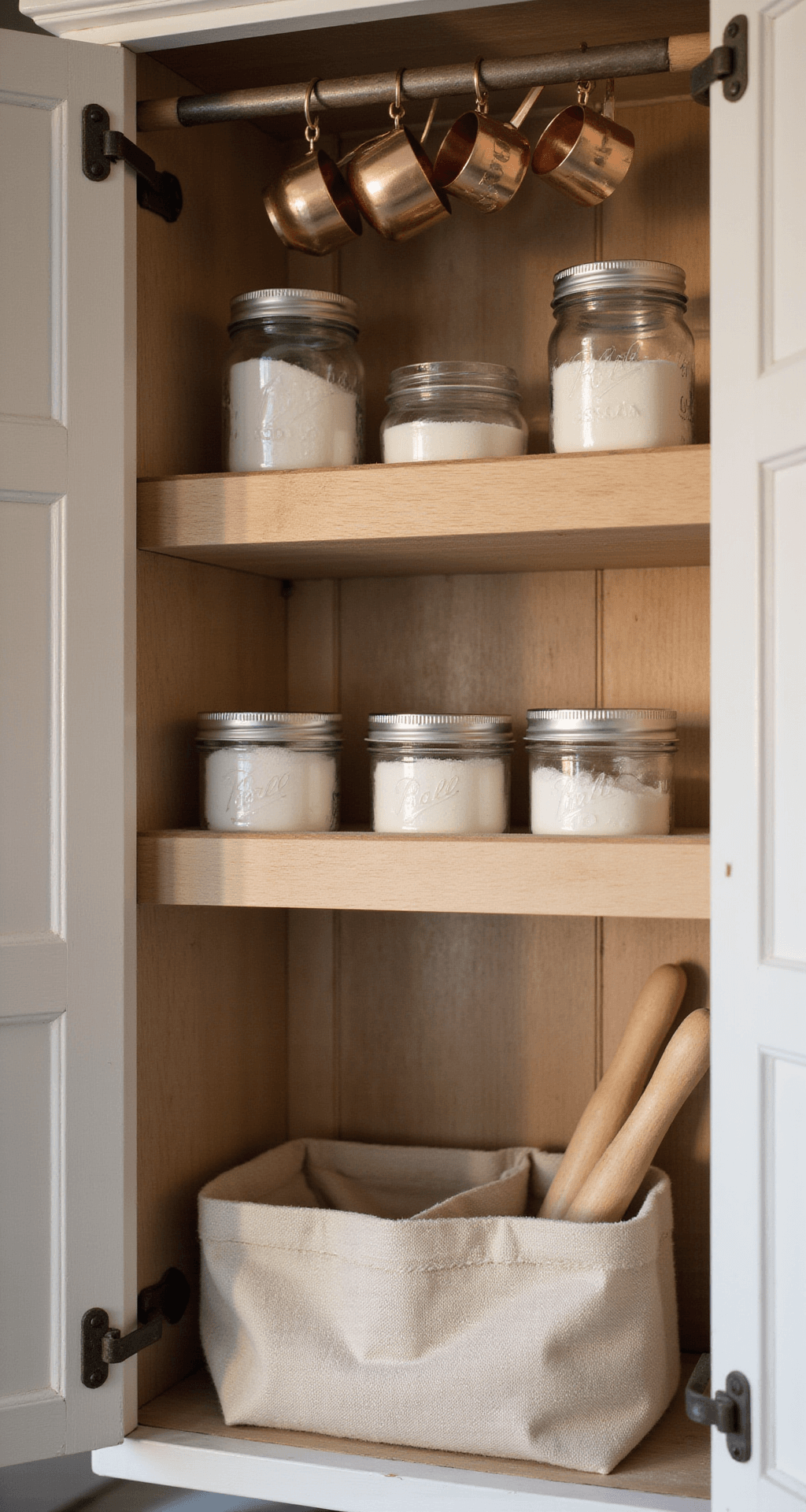 Close-up of a farmhouse-style baking cabinet at golden hour, featuring vintage mason jars of flour and sugar on whitewashed shelves, copper measuring cups hanging from an iron rod, and a linen basket filled with rolling pins and pastry tools, all bathed in warm, soft light.
