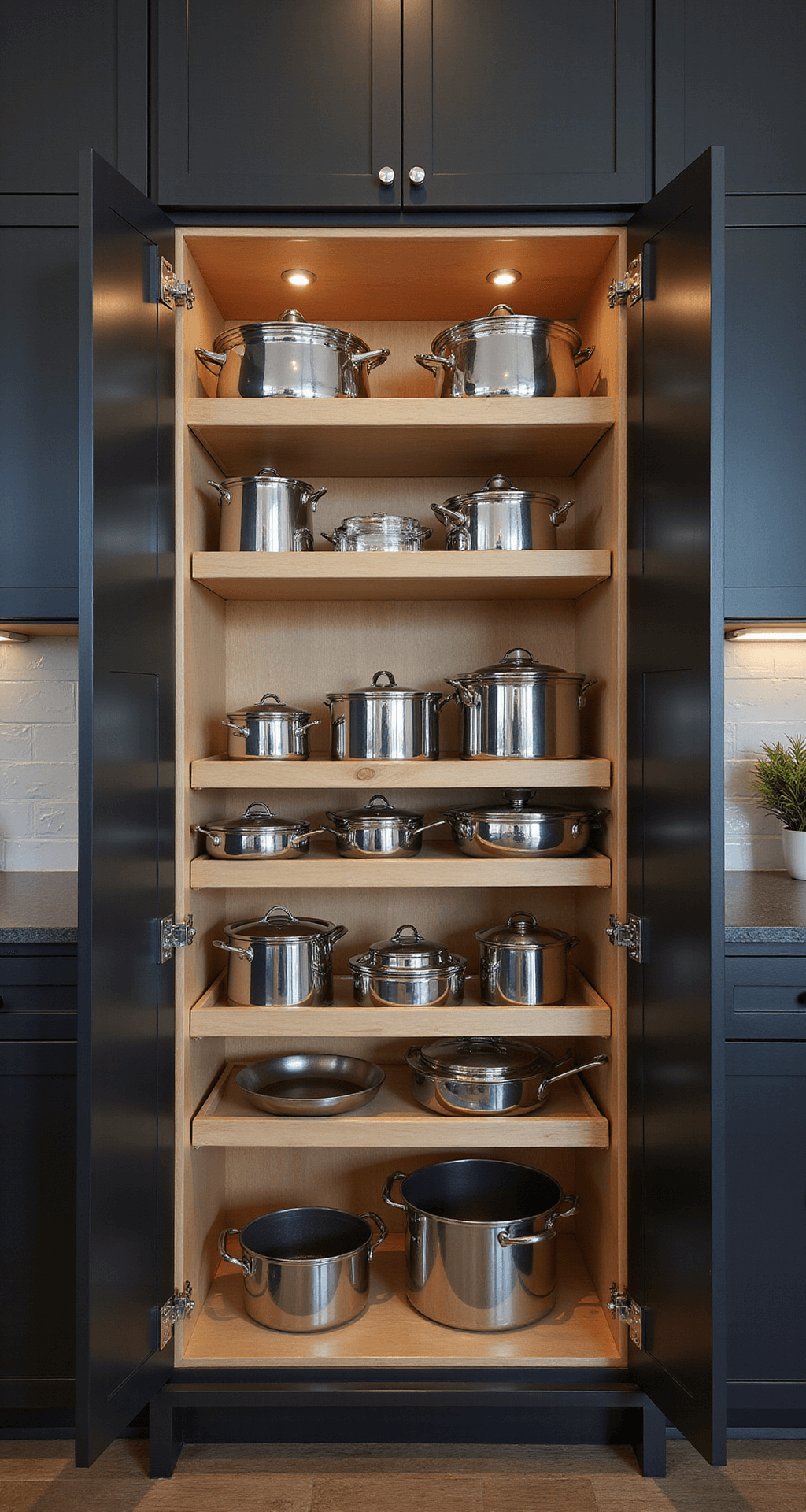 Professional-grade kitchen cabinet showcasing neatly arranged stainless steel cookware under warm evening light and LED illumination, set in an industrial-style chef's kitchen with dark charcoal cabinets and brushed nickel hardware.