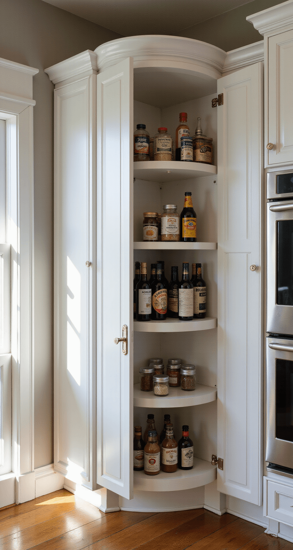 Sunlit corner cabinet in a traditional kitchen with a double-tier lazy Susan, showcasing organized spice jars and cooking oils against a white-painted interior with chrome hardware, captured from a slightly elevated angle to emphasize the rotating mechanism and soft shadows.
