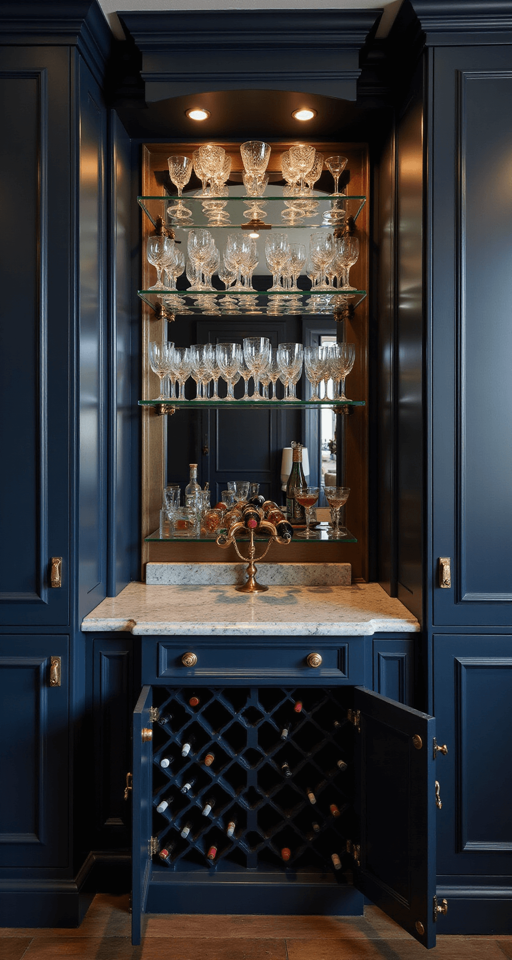 Moody evening shot of a sophisticated kitchen entertaining cabinet with crystal stemware, custom wine rack, deep navy cabinets, and gold hardware, captured from below to enhance symmetry and dramatic effect.