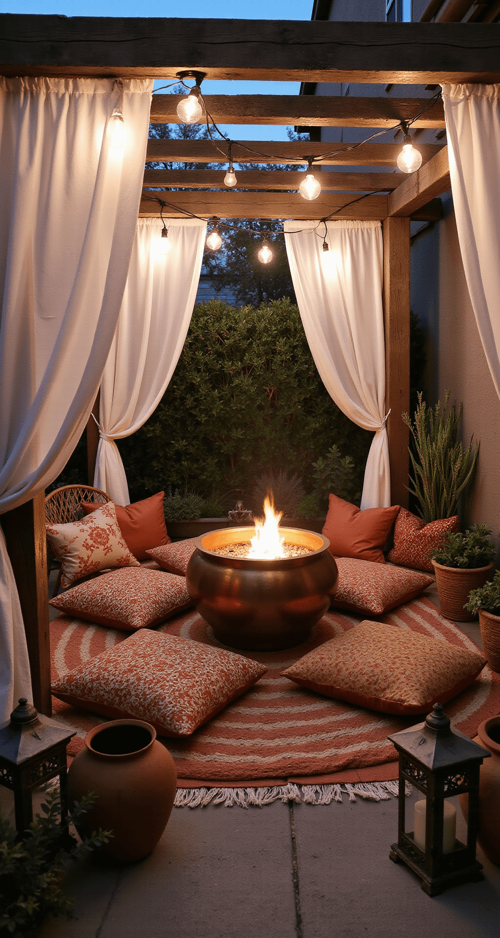 Intimate courtyard patio featuring jewel-toned Moroccan cushions around a copper fire pit, with a weathered pergola draped in sheer curtains and Edison bulbs, accented by textured throw blankets over rattan seating and cascading succulents in mixed pottery, all illuminated by vintage lanterns casting intricate shadows during blue hour.