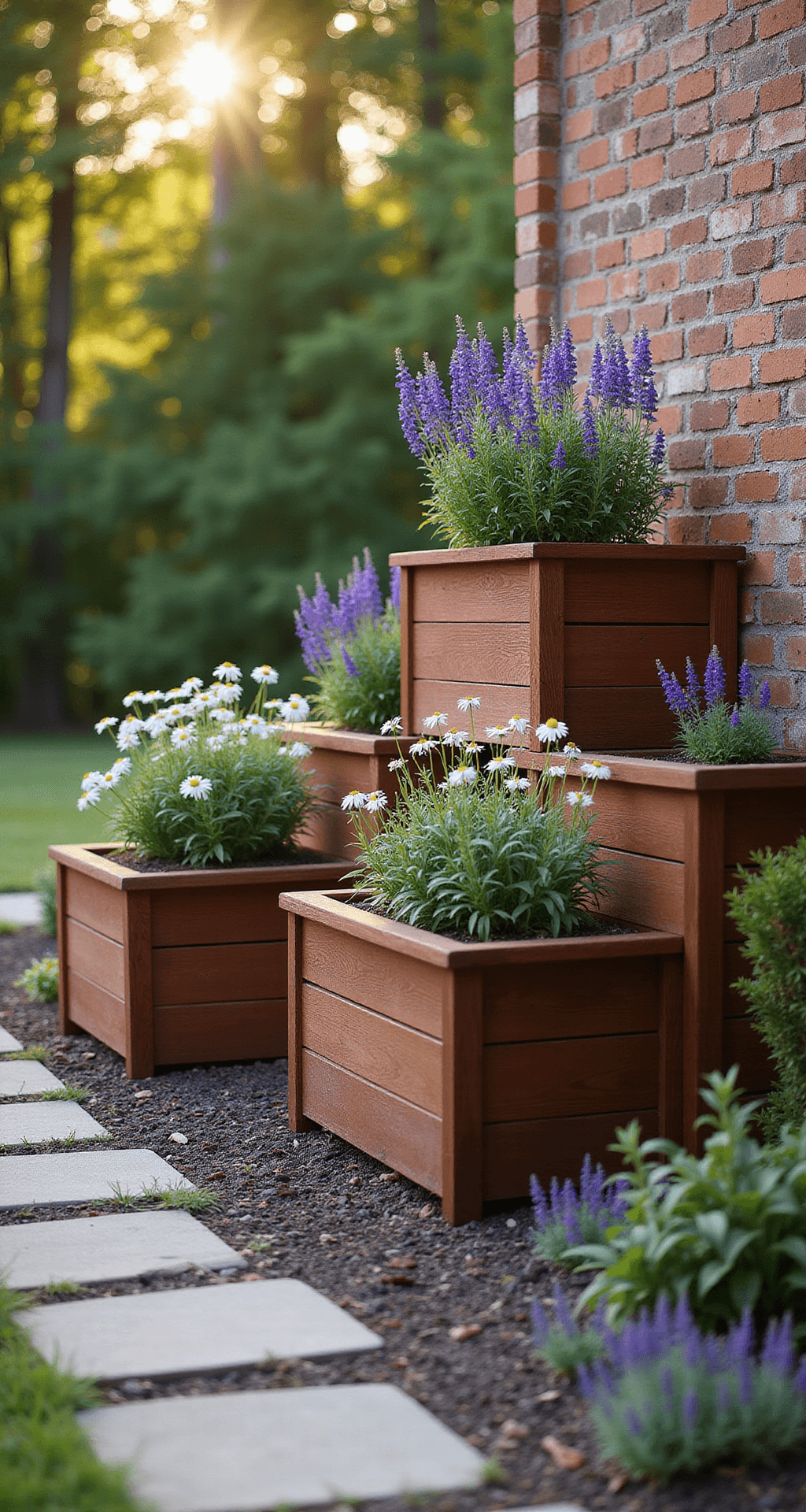 A tranquil raised cedar corner garden bed at golden hour, showcasing mahogany-stained planters in three tiers against a weathered brick wall, with sunlight filtering through purple salvia, white echinacea, and silver artemisia, captured at a 45-degree angle with soft bokeh and long shadows across textured mulch.