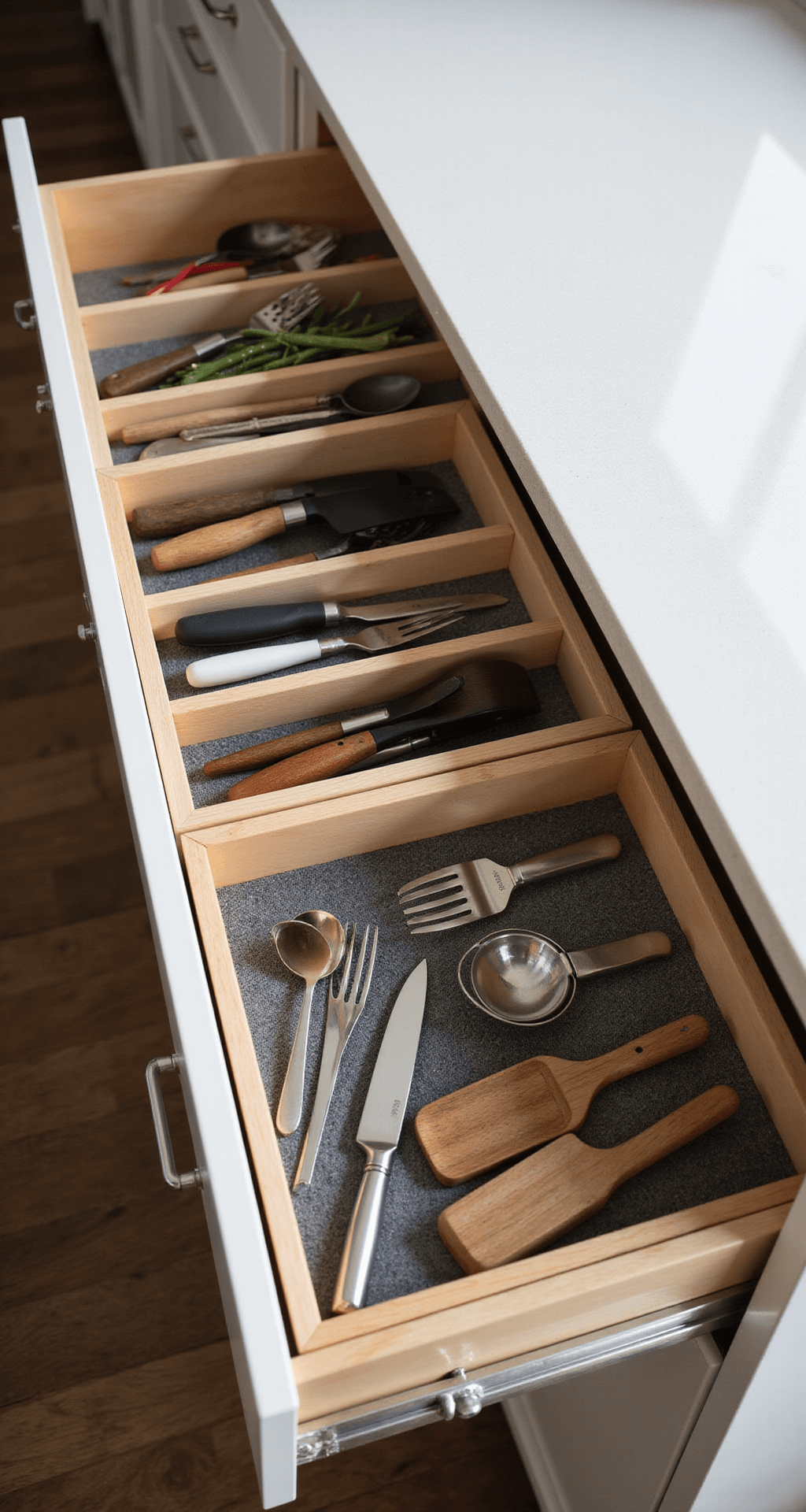Detailed overhead view of a premium wood drawer organizer in a contemporary kitchen, showcasing separated utensils and cooking tools, custom-cut foam inserts for knife protection, and a soft-close mechanism, all bathed in morning light with LED strip lighting.