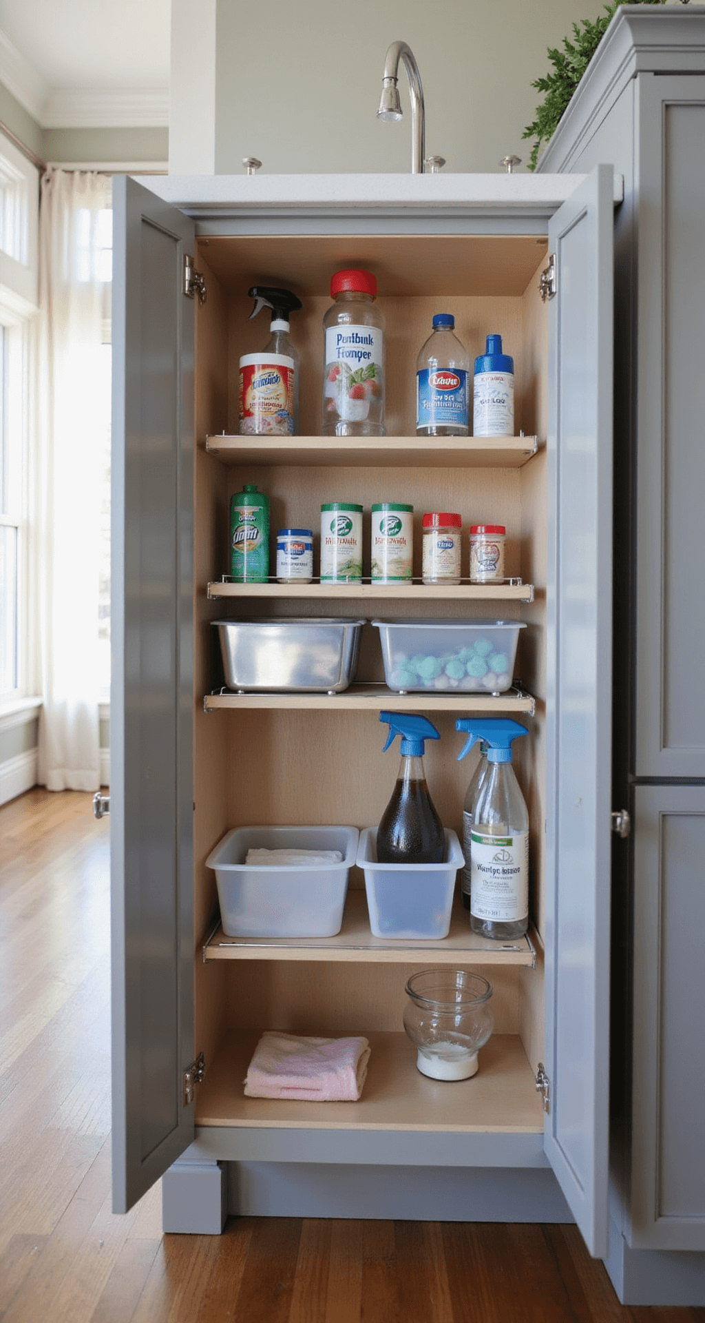 Under-sink cleaning supply organization in a gray-painted cabinet featuring clear bins for categorizing supplies, tension rods for spray bottles, and a waterproof liner, all captured in soft afternoon light at a 45-degree angle.