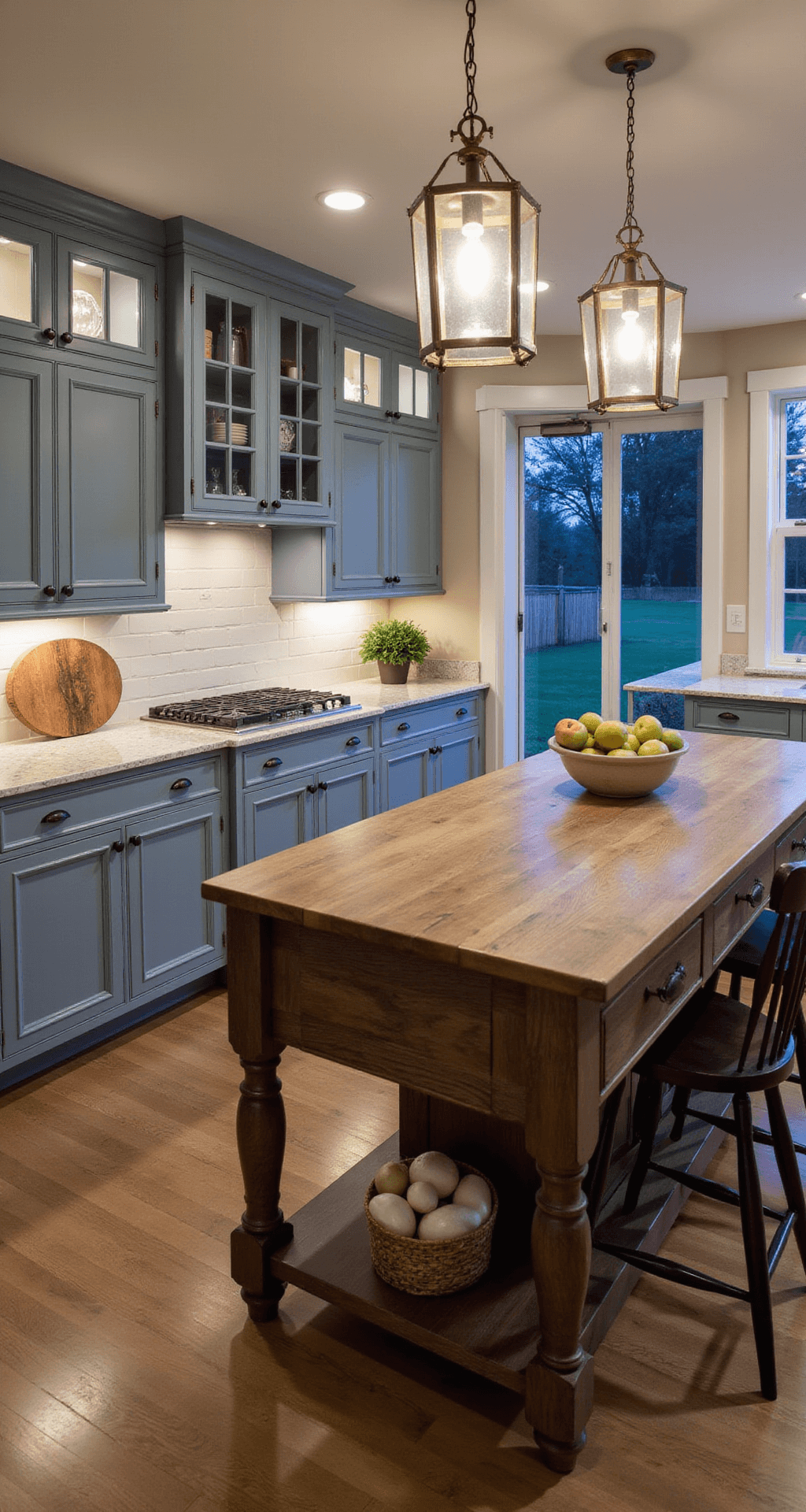 A cozy traditional kitchen at dusk featuring blue-gray raised panel cabinets, a glass-front hutch, creamy white granite counters, and a rustic wood island with a butcher block top. Antique brass lantern pendants illuminate the space with a warm glow, while the shot captures the depth and architectural details in soft focus, enhancing the intimate evening atmosphere.