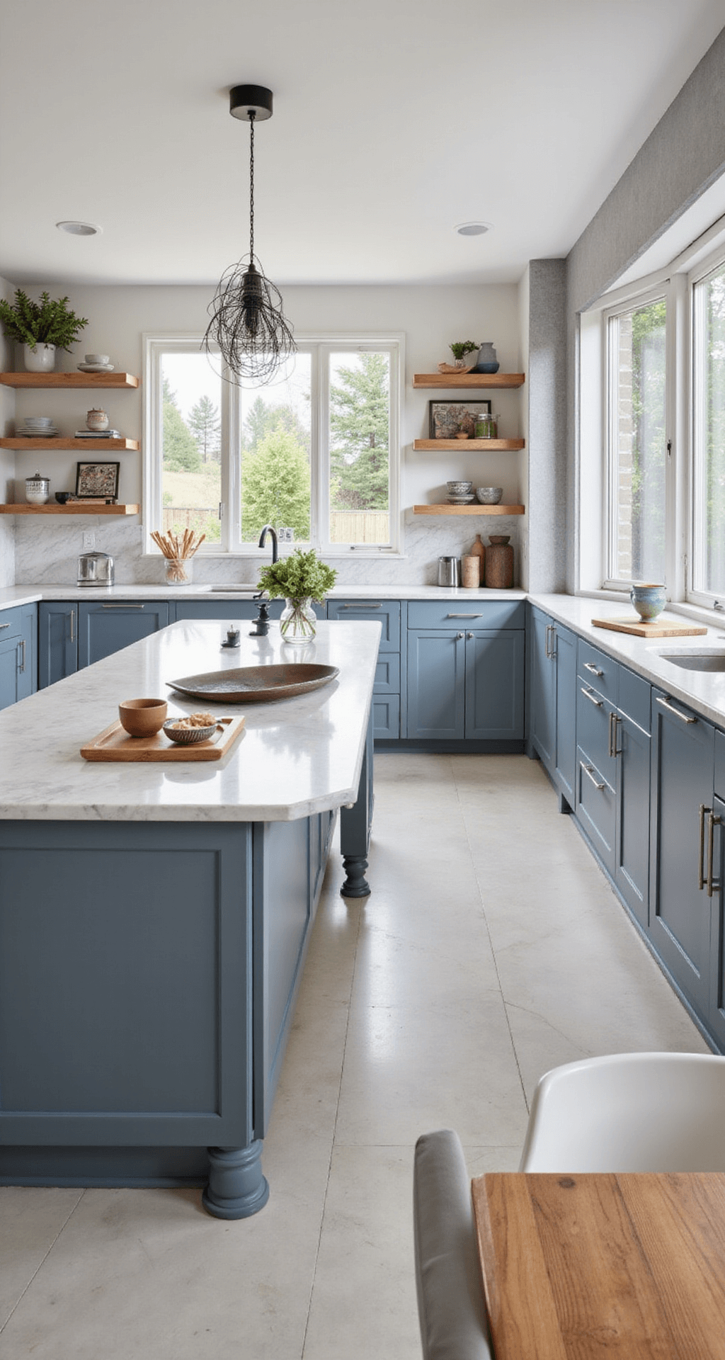 Aerial view of a contemporary open-concept kitchen featuring blue-gray flat-panel cabinets, white marble-look quartz surfaces, and a cluster of modern black pendants above the island, illuminated by natural light from two-story windows, with curated ceramics displayed on floating wood shelves.