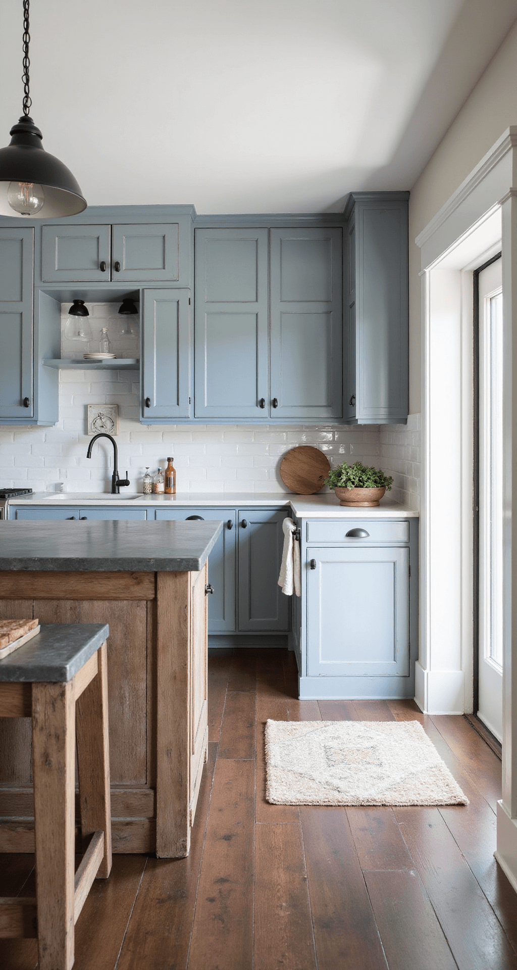 Farmhouse-inspired kitchen featuring distressed blue-gray cabinets, soapstone countertops, and a reclaimed wood island, illuminated by morning light. The space includes white subway tile backsplash, black iron hardware, vintage-style sconces, and mixed metal fixtures, showcasing its textural elements and depth from the entrance view.