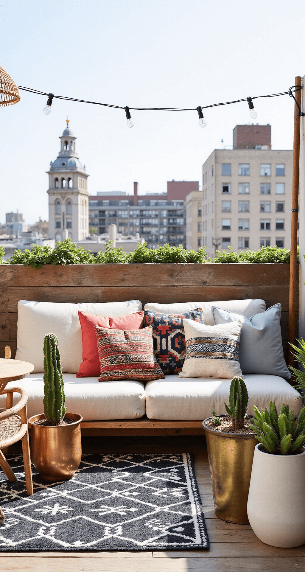 A modern bohemian rooftop terrace featuring a natural canvas sofa with colorful Turkish pillows, a geometric black and white rug, mixed metal planters with cacti, macramé hanging chairs, and a reclaimed wood dining table, all under zigzagging string lights against an urban skyline.