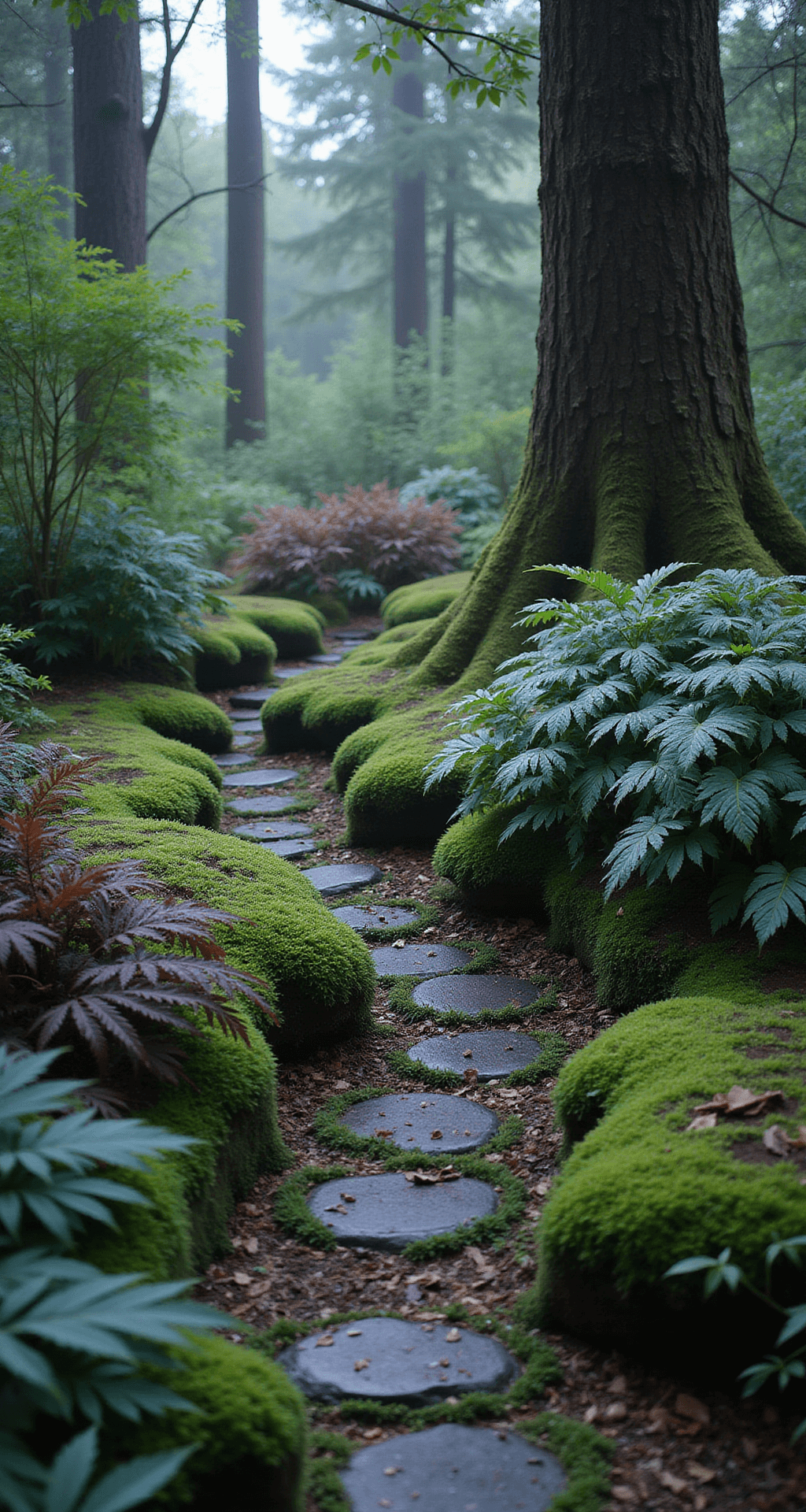 A serene woodland garden nook at dawn, showcasing clusters of blue-green hostas, Japanese painted ferns, and emerald moss on aged stones, with morning mist and soft diffused light filtering through the tree canopy.