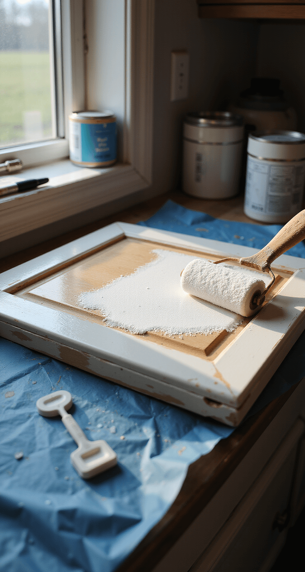 Intimate workspace featuring a close-up of a cabinet door being painted with fresh white primer using a foam roller, illuminated by natural side light. Rich wood grain texture is visible beneath the semi-transparent coating, while a professional work light highlights the wet surface. Organized painting supplies are neatly arranged on blue contractor paper, captured with a shallow depth of field to emphasize the texture of the application.