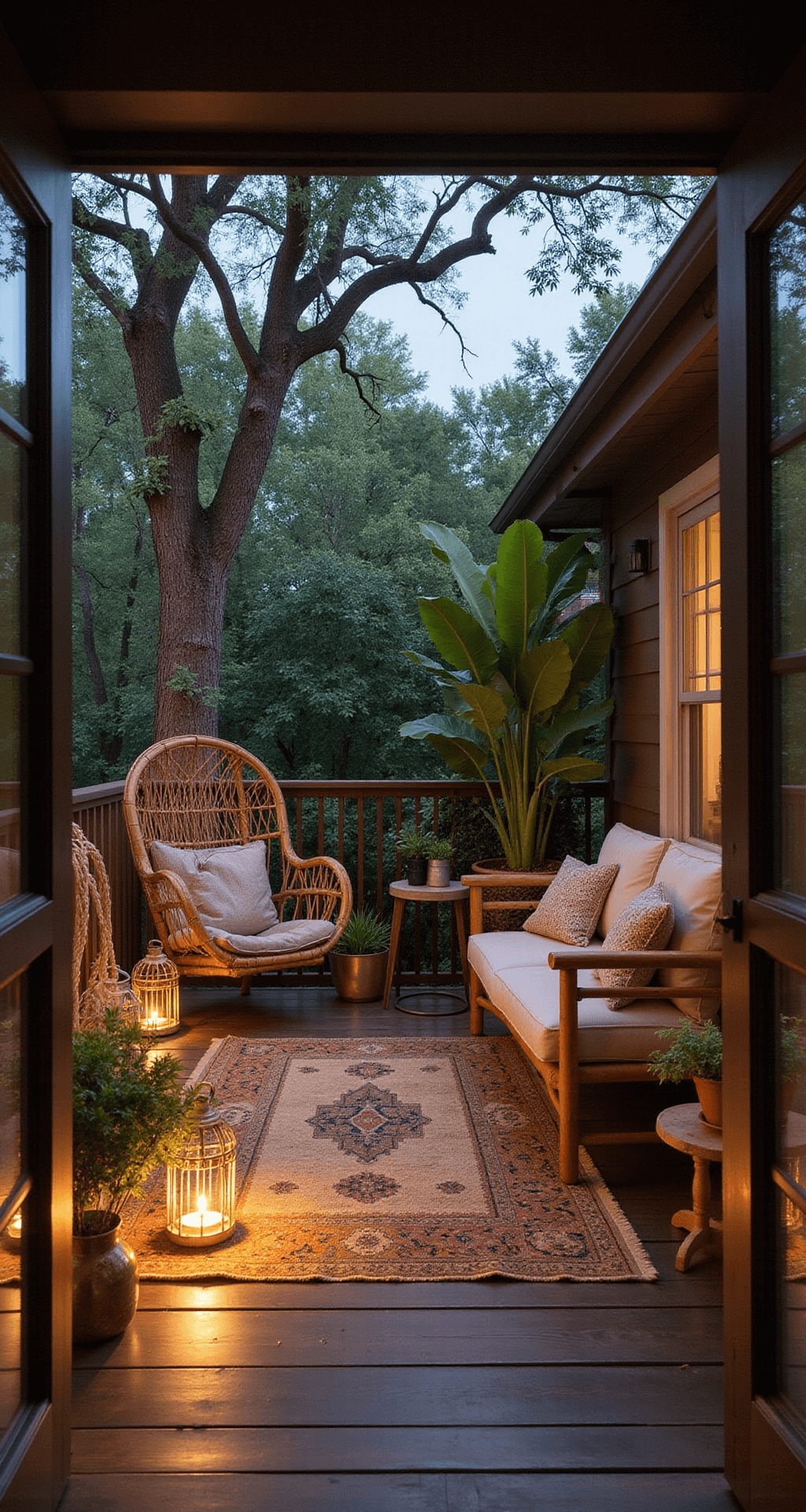 Cozy covered porch at twilight featuring a vintage bamboo loveseat with mud cloth cushions, a woven hanging chair, layered jute and Persian rugs, brass floor lanterns for ambient lighting, cascading trailing plants in macramé hangers, a large fiddle leaf fig, and eclectic side tables with global artifacts, all bathed in dramatic shadows.