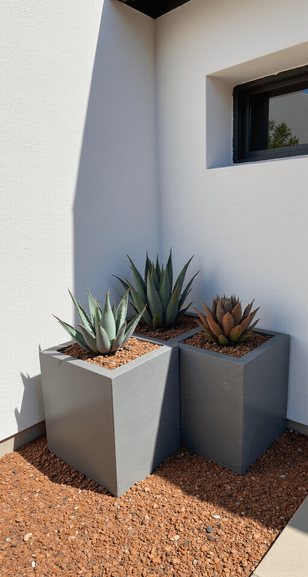 Modern desert-inspired corner featuring angular charcoal grey concrete planters with geometric arrangements of silver-blue agave, copper-toned barrel cacti, and purple echeveria, surrounded by amber-toned crushed desert glass mulch, photographed at mid-day with sharp shadows against a white stucco wall.