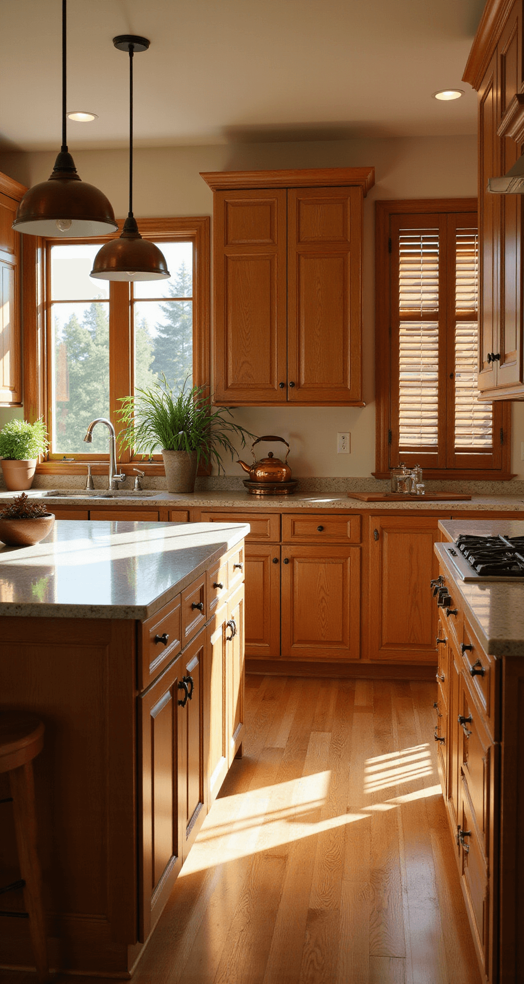 Warm wood cabinet kitchen showcasing honey-toned oak Shaker-style cabinets, quartzite waterfall island, and copper pendant lights, bathed in natural light at golden hour, with artisanal ceramics and fresh herbs adding charm.