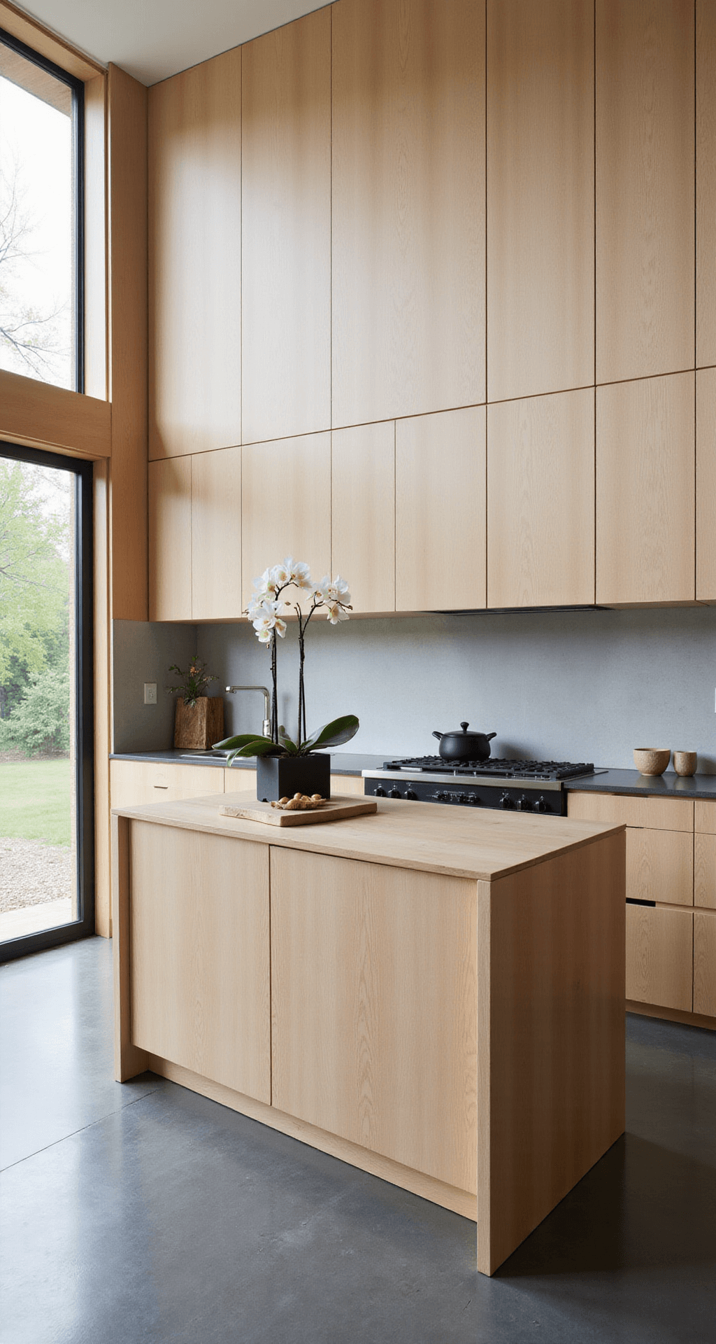 A bright contemporary kitchen with blonde flat-panel maple cabinets, floor-to-ceiling windows, and matte black hardware. The center island has waterfall edges in matching wood, with minimal decor including an orchid plant and geometric fruit bowl. The serene atmosphere and cool gray concrete floors complement the warm woods.