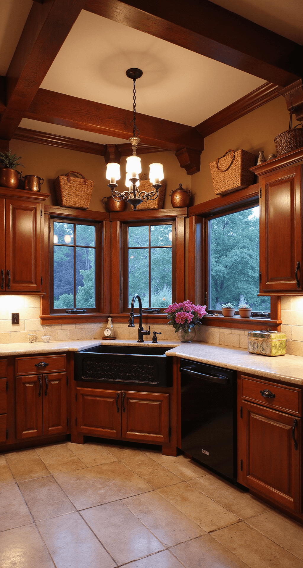 A spacious rustic kitchen featuring rich cherry cabinets, exposed wooden beams, a wrought iron chandelier, and a farmhouse sink, styled with vintage cookware and fresh wildflowers, all set against tumbled travertine flooring.
