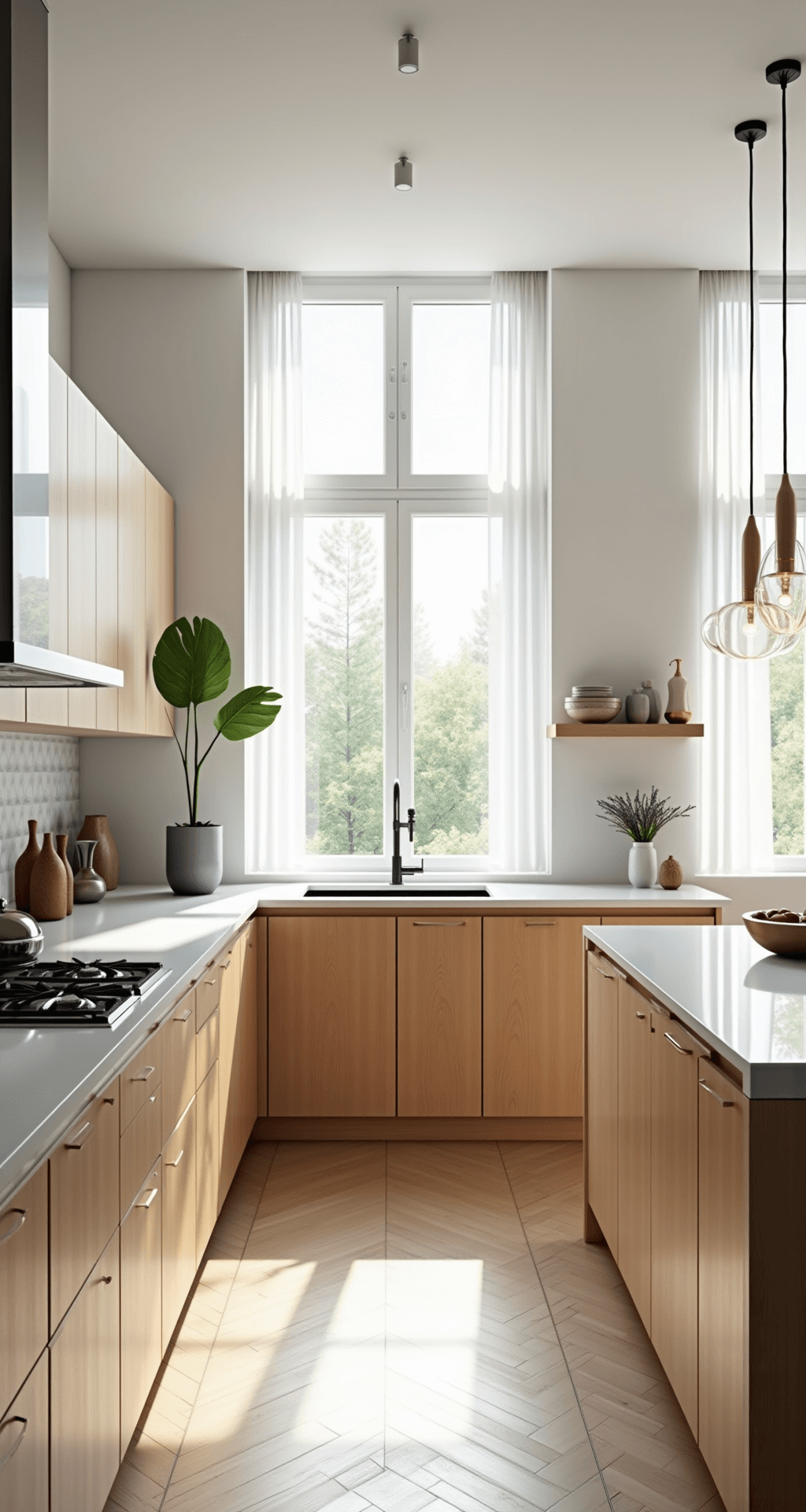 Contemporary kitchen with light birch cabinets, glossy white quartz countertops, and floor-to-ceiling windows, featuring sheer white curtains, chrome accents, and a minimalist decor, all bathed in midday light.