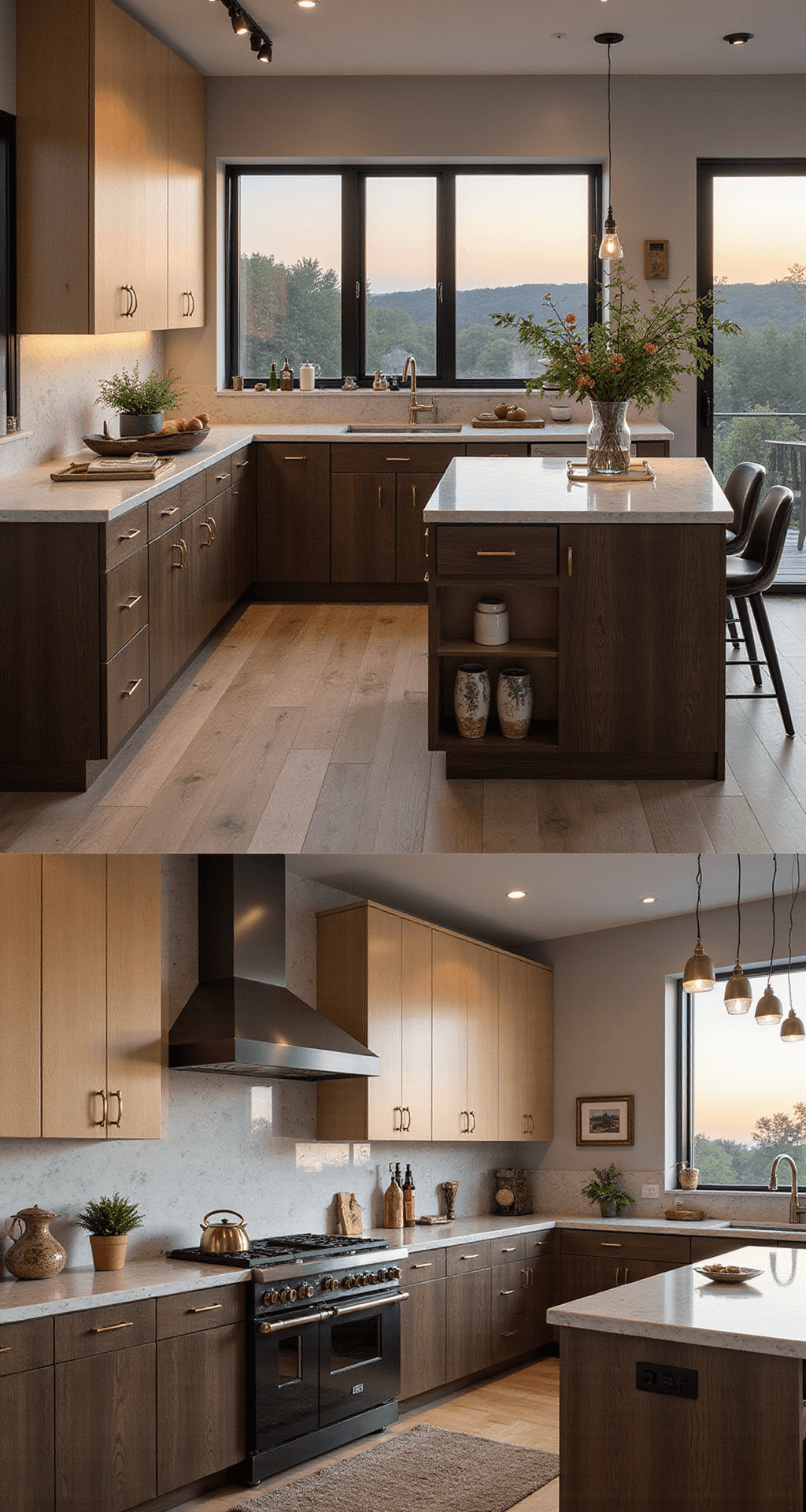 A sophisticated open-concept kitchen featuring light maple upper cabinets and dark walnut lower cabinets, industrial-style windows, a marble backsplash extending to the ceiling, and a warm ambiance from brass fixtures. The kitchen integrates with the living area, showcasing artisanal pottery, vintage brass scales, and trailing plants against medium-toned wide-plank oak floors at sunset.