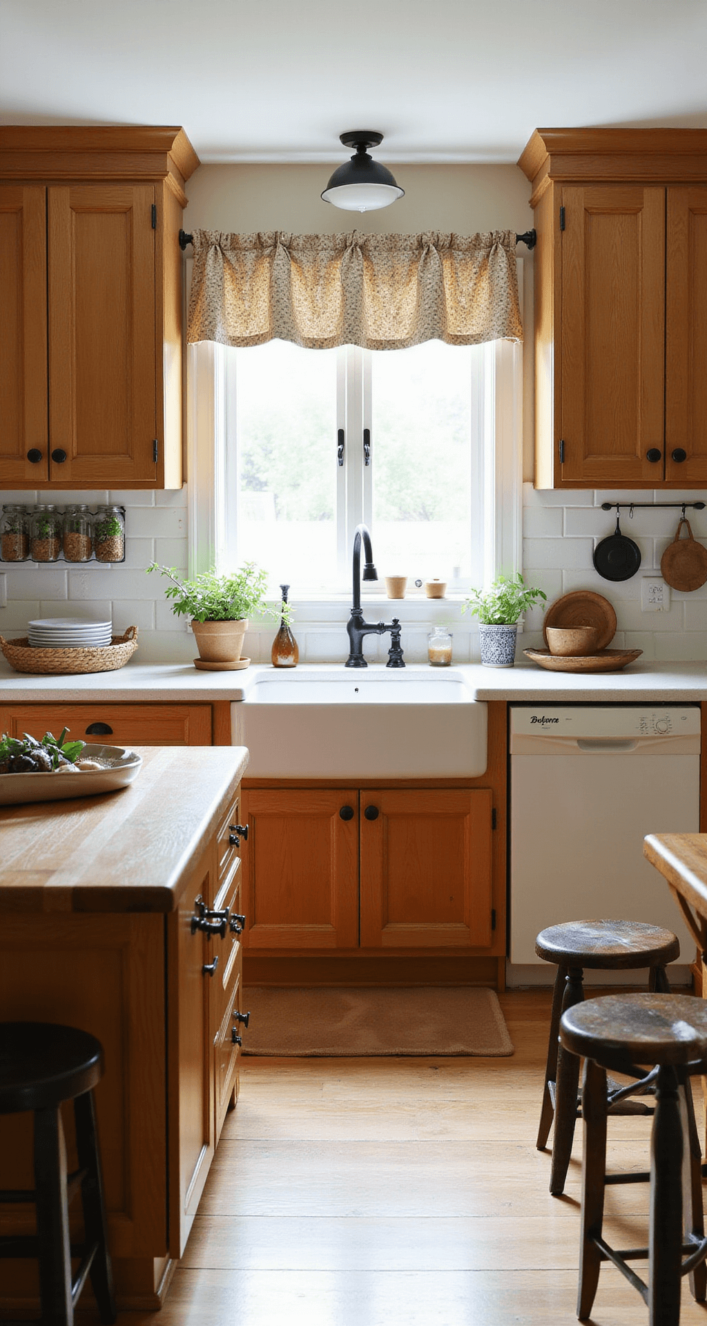 Cozy 12x14ft kitchen featuring honey-finished oak cabinets, a bay window over a farmhouse sink with cafe curtains, a butcher block island, and black iron hardware, all styled with mason jar organizers, woven baskets, and potted herbs, set on luxury vinyl plank flooring that mimics wood grain.
