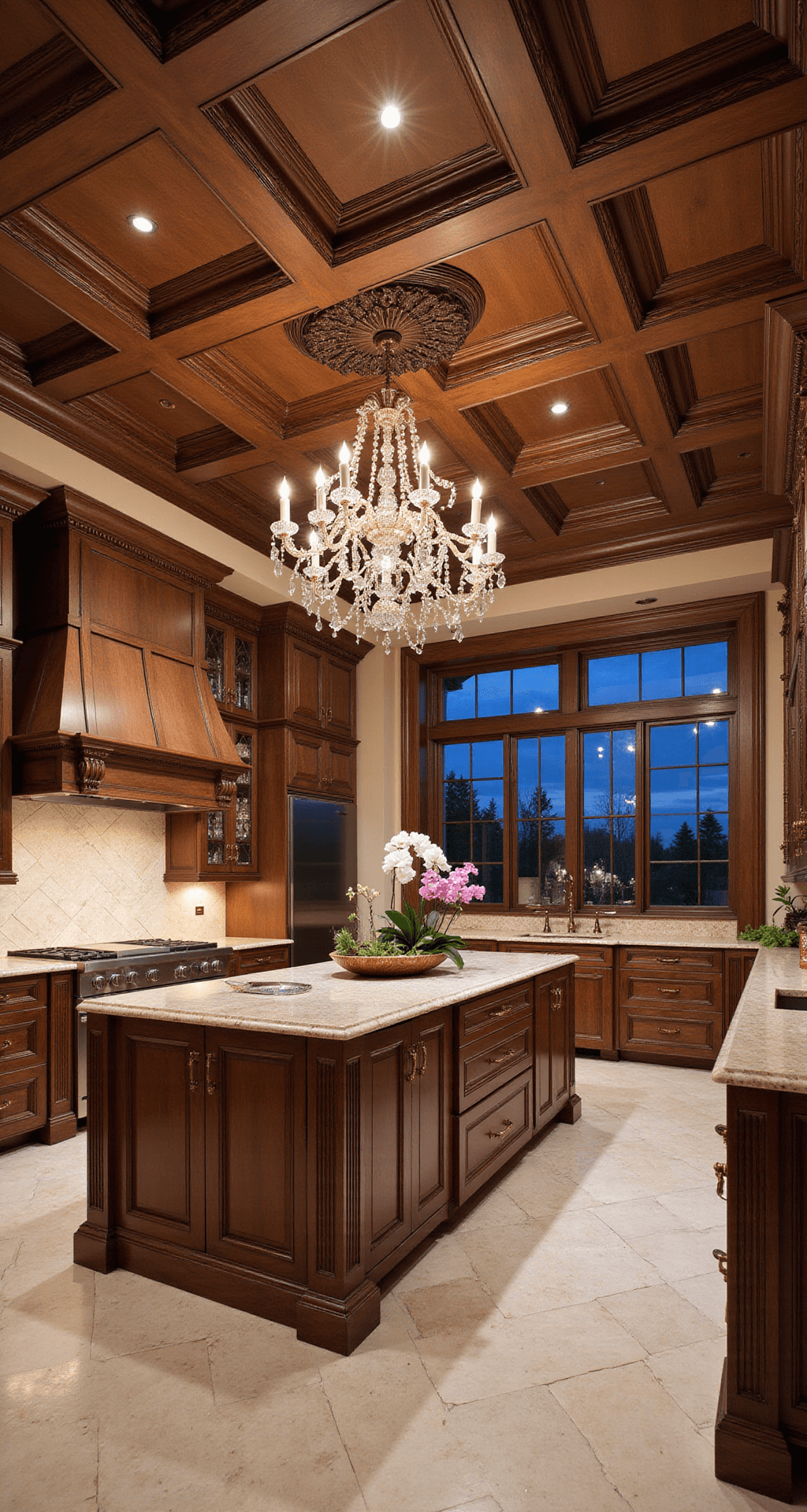 A luxurious 22x26ft chef's kitchen at twilight, featuring custom walnut cabinets with glass-front displays, coffered ceilings, a crystal chandelier, stainless steel appliances, intricate cabinet detailing, marble herringbone floors, fine china, fresh orchids, and copper accessories, captured from the butler's pantry entrance.