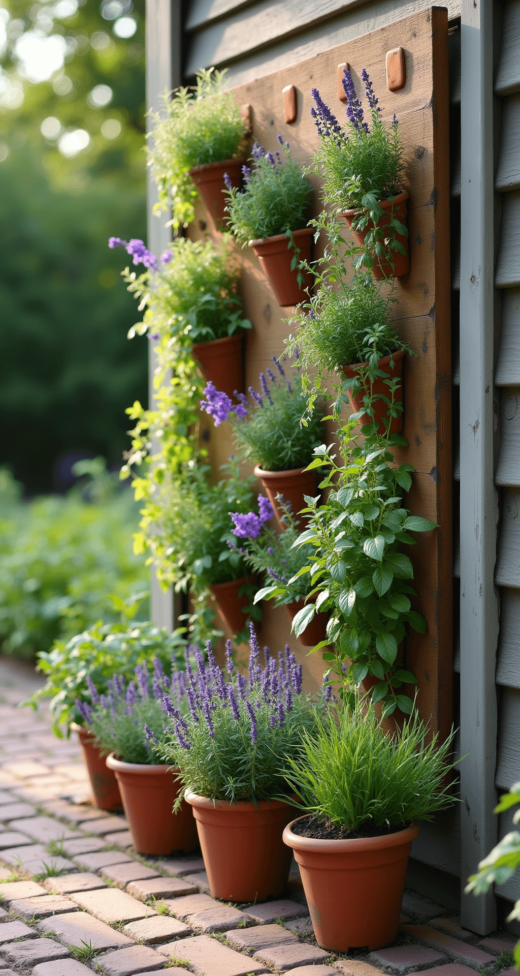 Vertical shot of a cedar herb wall with copper plant markers, featuring cascading thyme, purple basil, and silver sage, complemented by weathered terra cotta pots with rosemary and lavender at the base, all softly focused against reclaimed brick pavers in afternoon light.