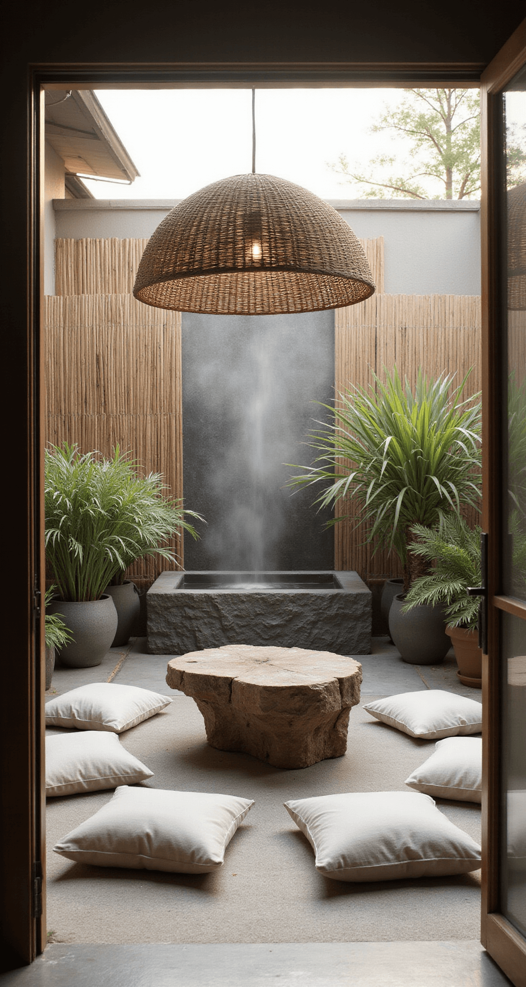Minimalist zen boho patio at dawn with morning mist, featuring low-profile linen floor cushions around a wooden meditation platform, an oversized pendant light, a stone water feature, bamboo screens, and potted grasses in a neutral palette.