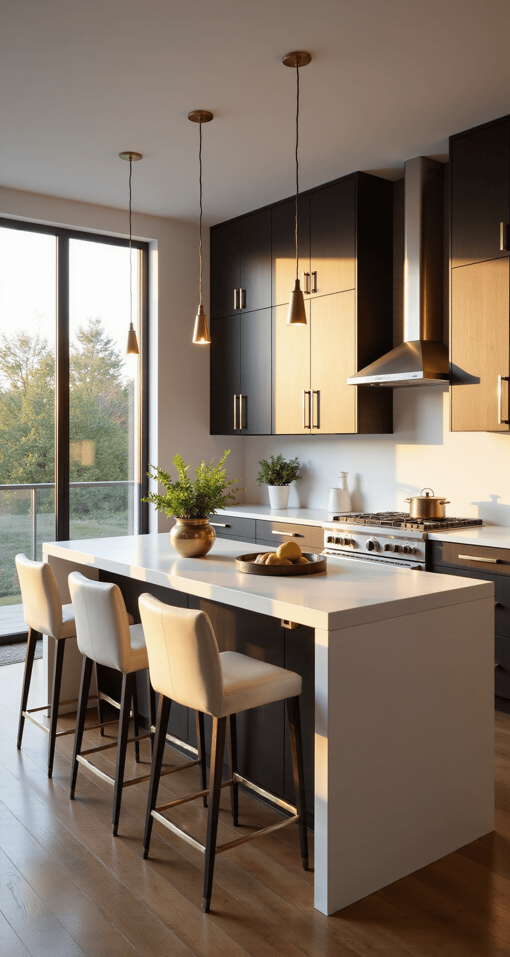 A contemporary kitchen featuring sleek espresso cabinets with brushed gold hardware, a large white quartz waterfall island, and warm lighting from pendant fixtures, all bathed in golden hour sunlight.