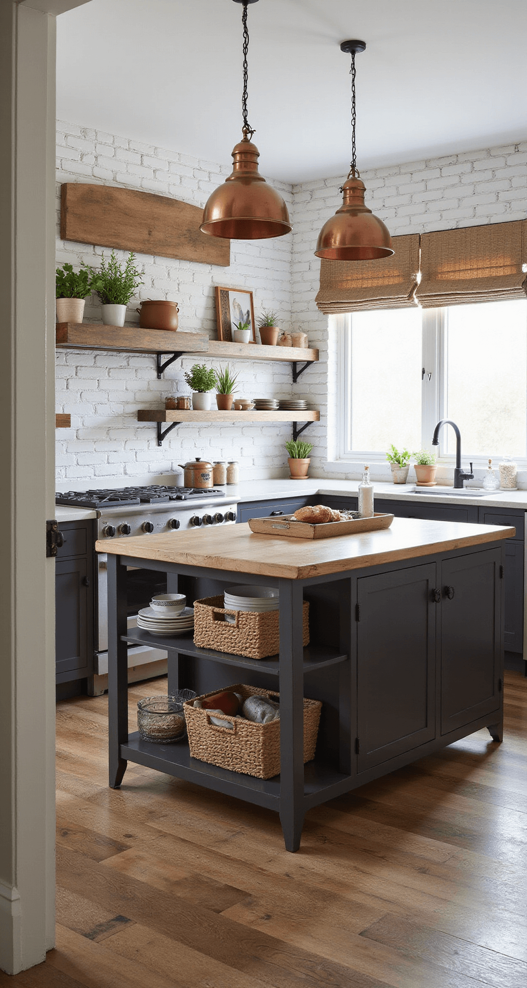 A rustic-modern kitchen in a farmhouse style featuring espresso shaker cabinets, a whitewashed brick backsplash, and wide-plank reclaimed wood floors, illuminated by morning light. The layout includes an 8ft island with a butcher block top and vintage copper pendant lights, along with open shelving displaying an ironstone collection and antique bread boards. Black iron hardware and fresh herbs in terracotta pots enhance the natural textures throughout the space.