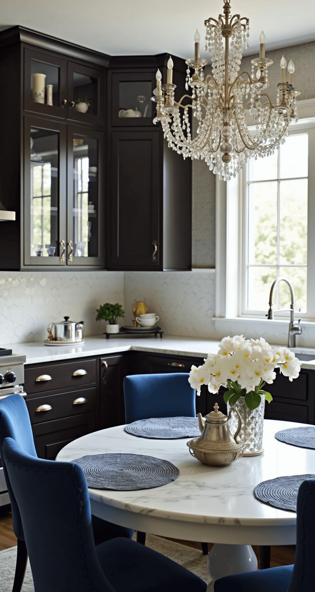 A sophisticated kitchen-dining space featuring espresso flat-panel cabinets with glass uppers, marble countertops, and a pearl hexagonal tile backsplash. A crystal chandelier hangs over a circular breakfast table surrounded by navy velvet chairs. The table is styled with silver tea service and white orchids, accented by blue-grey runners. Subtle metallic wallpaper adds elegance above the chair rail. The scene is bathed in soft, afternoon indirect light.