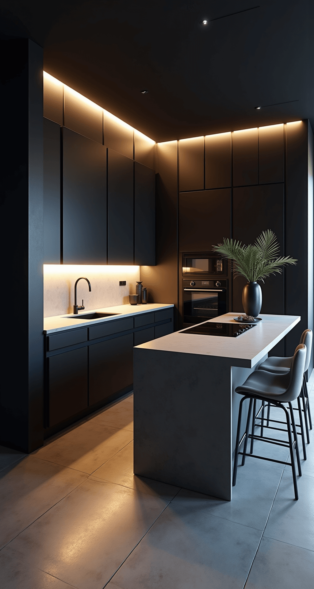Aerial view of a minimalist espresso studio kitchen featuring twilight blue hour lighting, floor-to-ceiling espresso cabinets, concrete counters with a waterfall edge island, ghost acrylic barstools, and black ceramics, emphasizing clean lines and dramatic shadow play.