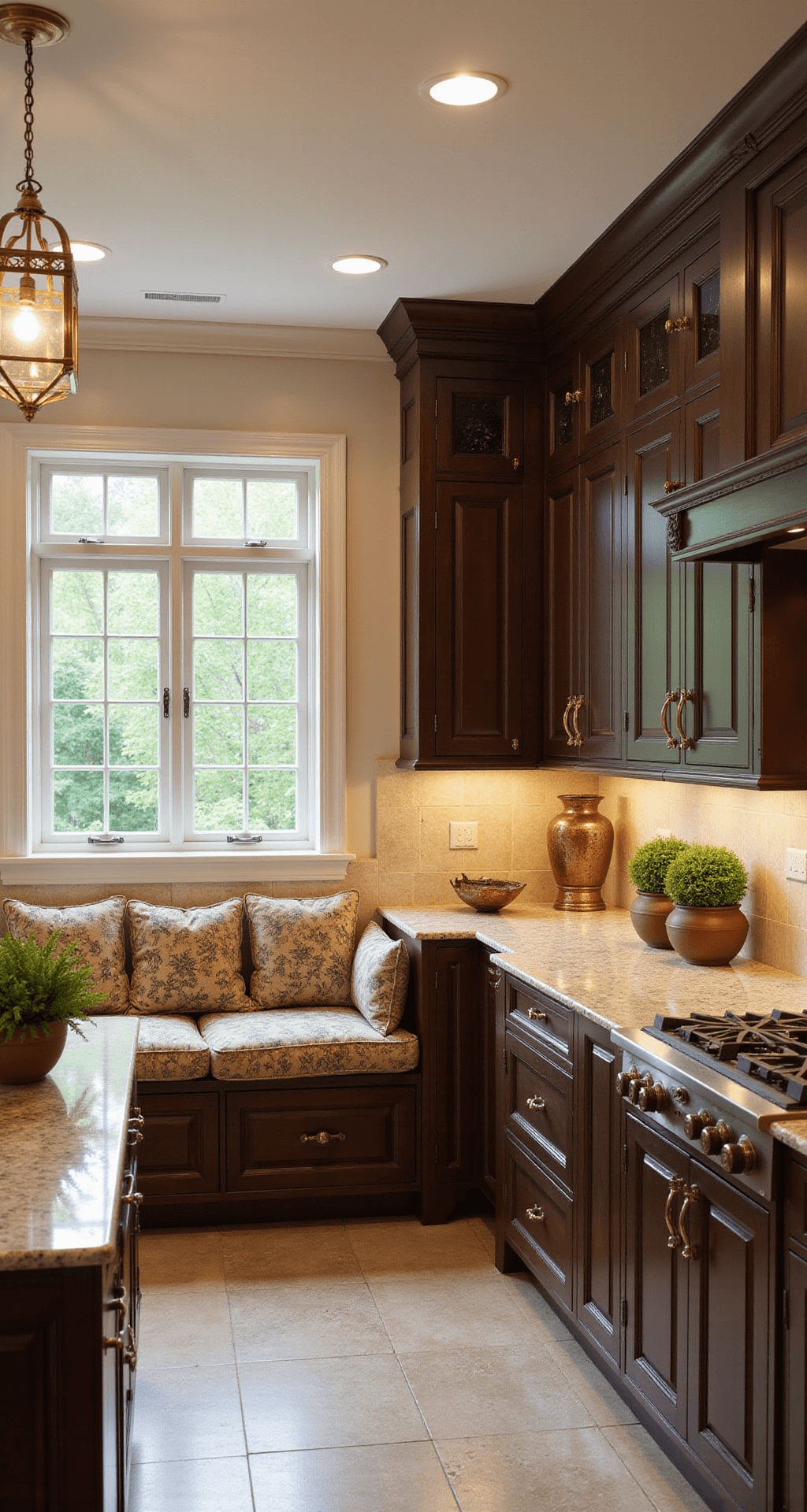 A classic warm kitchen featuring espresso raised-panel cabinets, cream granite counters, and a tumbled travertine backsplash, illuminated by mid-morning light. Antique brass lantern pendants hang above, with a window seat adorned in paisley cushions. Copper cookware is displayed alongside topiaries in chinoiserie pots, showcasing rich textural layers and architectural details.