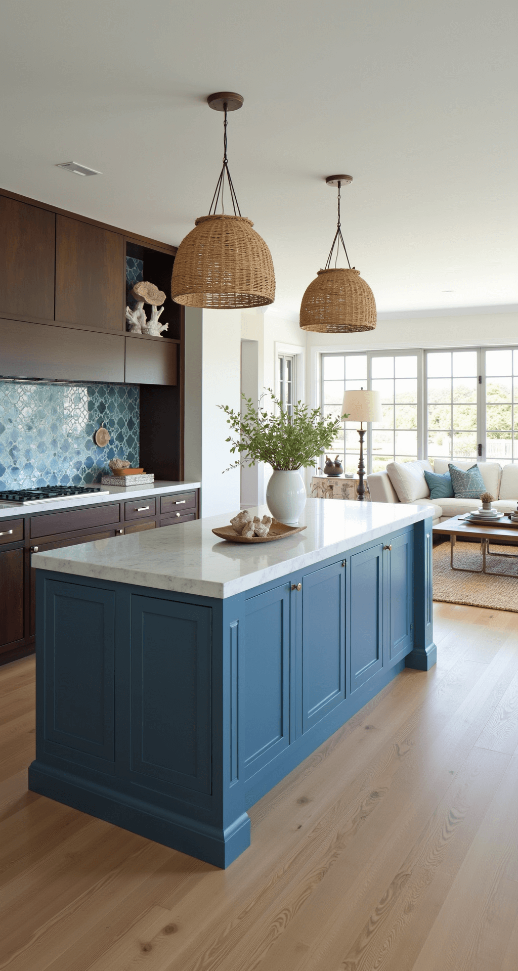 A bright open-concept kitchen featuring espresso slab cabinets and a marine blue island, with quartzite counters resembling ocean waves. The scene captures the indoor-outdoor flow from the living area, showcasing rattan pendant lights, a jute rug, and decor elements like coral specimens and sea glass. The space is accented with bleached oak floors and highlights the combination of organic elements with modern design.