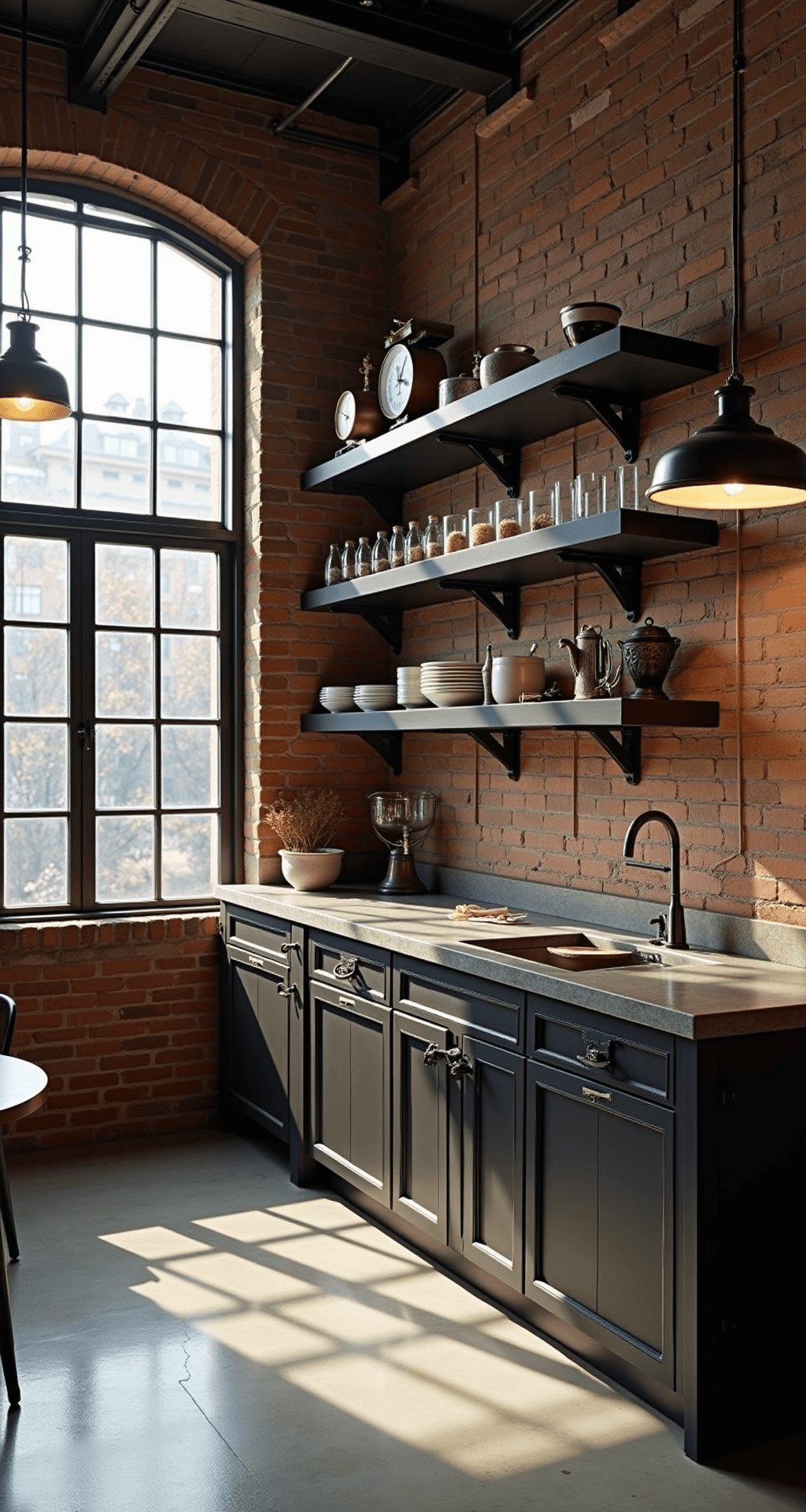 A wide-angle view of an industrial chic loft kitchen in a converted warehouse, featuring espresso cabinets, blackened steel open shelving, and zinc countertops with patina. The polished concrete floors reflect dramatic afternoon shadows, while factory pendant lights illuminate the space. An exposed brick wall serves as a backdrop for a vintage scale collection and various industrial artifacts, emphasizing the height and heritage of the room, captured from a mezzanine level.