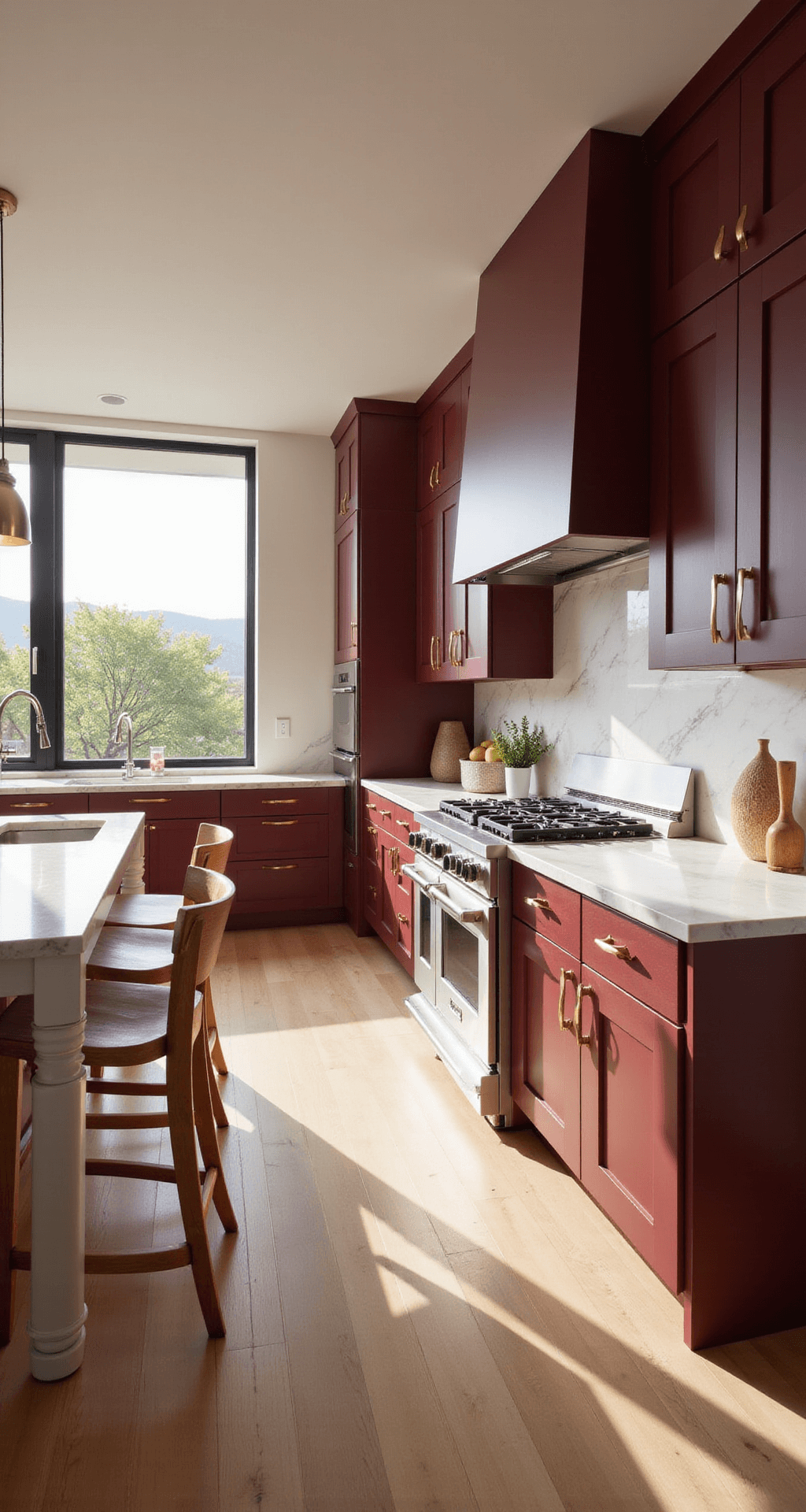 A spacious 15x20ft modern kitchen with deep burgundy cabinets, white quartz countertops, and a marble center island, illuminated by late afternoon sunlight through floor-to-ceiling windows, featuring wide plank white oak flooring and stainless steel appliances.