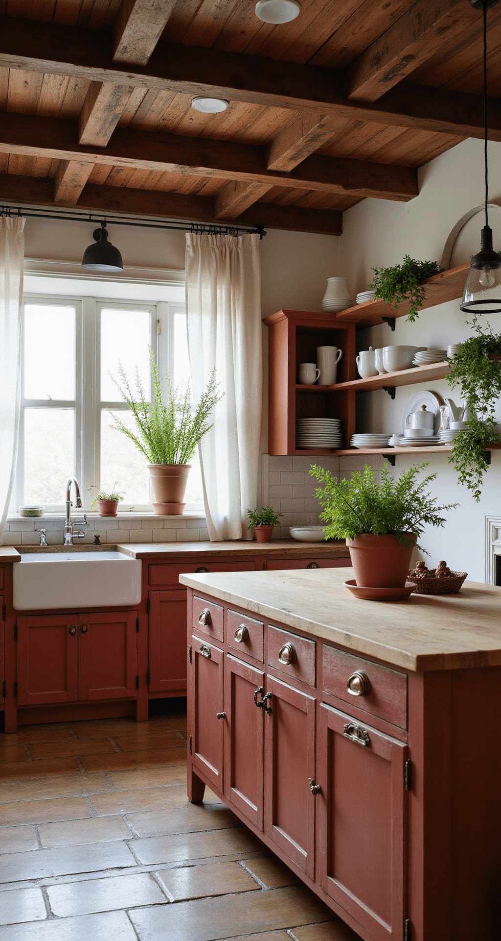 A rustic farmhouse kitchen with brick-red cabinets, wooden beams, and morning light filtering through café curtains, featuring vintage-style bin pulls, open shelving with white ironstone, butcher block countertops, and a farmhouse sink, captured from hip height with soft lighting and terracotta herbs.