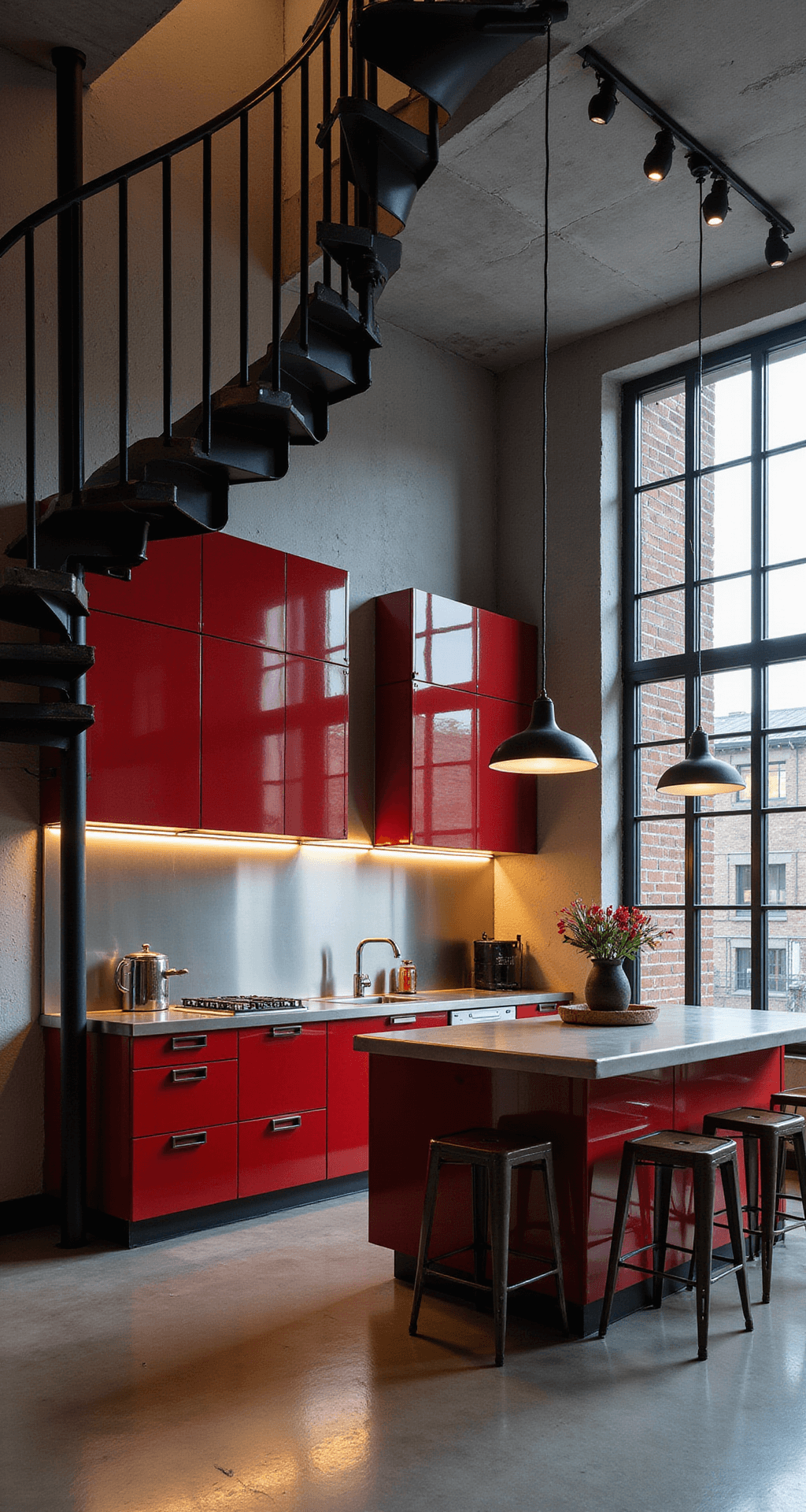 Aerial view of a contemporary industrial-style kitchen featuring high-gloss crimson cabinets, stainless steel countertops, and polished concrete floors under dramatic lighting, with black steel framed windows and metal bar stools.