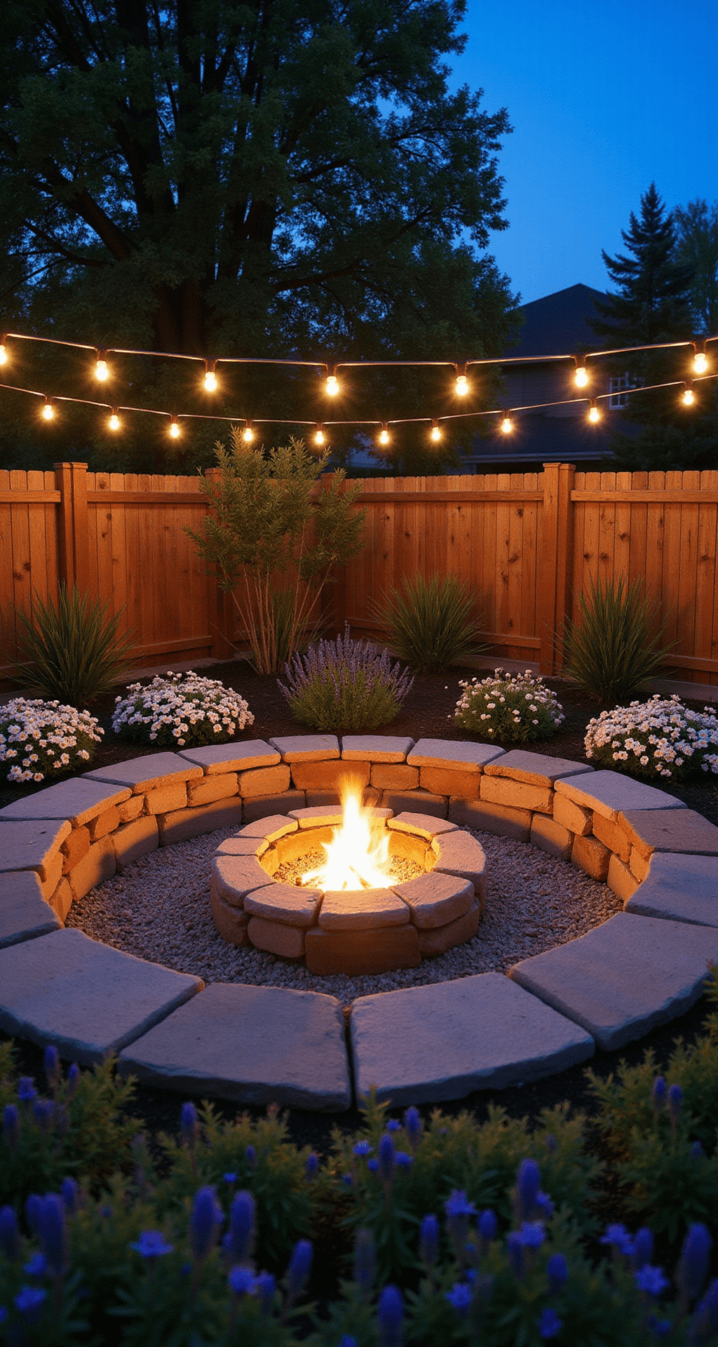 Evening scene featuring a natural stone fire pit surrounded by a curved bed of white cosmos, purple verbena, and ornamental grasses, illuminated softly with string lights overhead, captured in a long exposure at blue hour.
