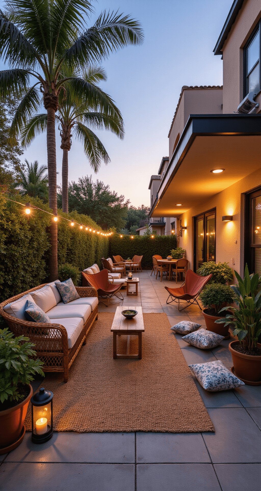An expansive patio featuring a mix of vintage and modern seating, including a rattan sectional and leather butterfly chairs, surrounded by potted palms and birds of paradise, illuminated by market lights and hurricane lanterns at sunset. A large jute rug defines the space, complemented by Moroccan tiles in the eating area, with rich jewel tones contrasting against a neutral backdrop.