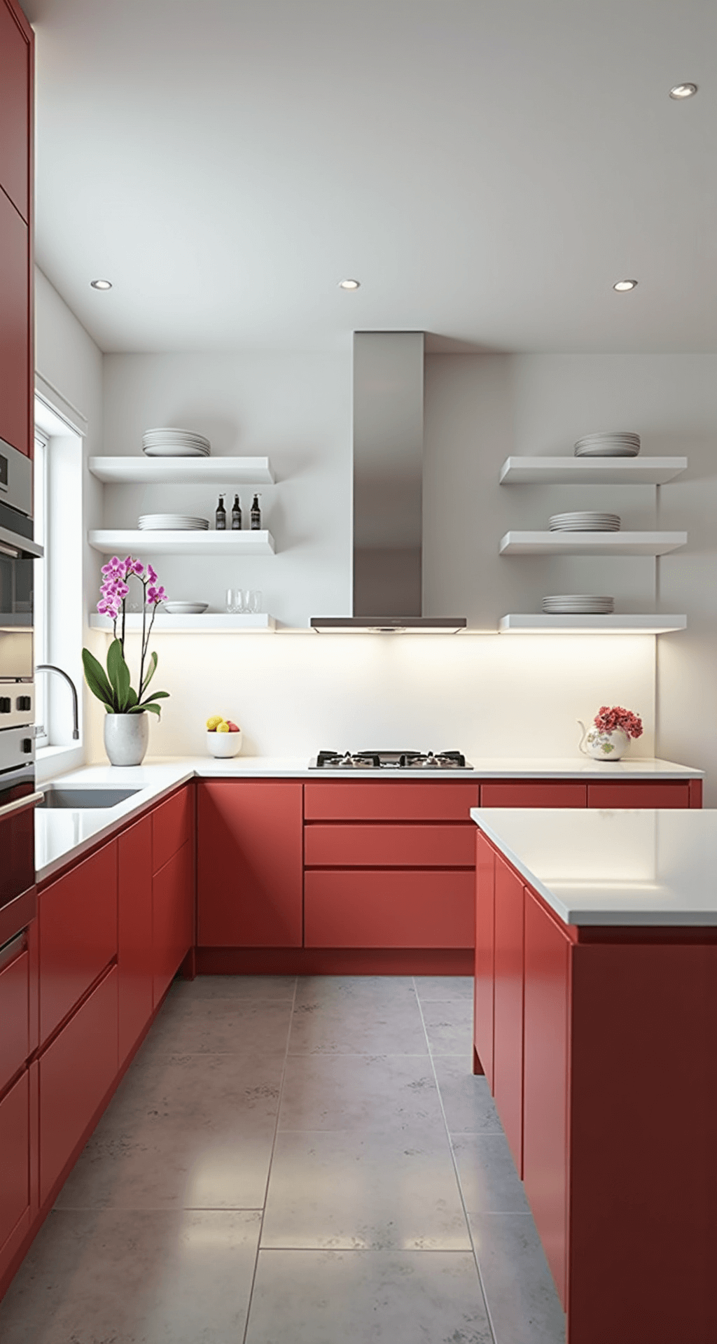 A contemporary minimal kitchen with coral-red lower cabinets and floating white shelves, featuring floor-to-ceiling windows and seamless white countertops, illuminated by natural light and recessed LEDs, with large grey floor tiles and a single orchid as an accent.