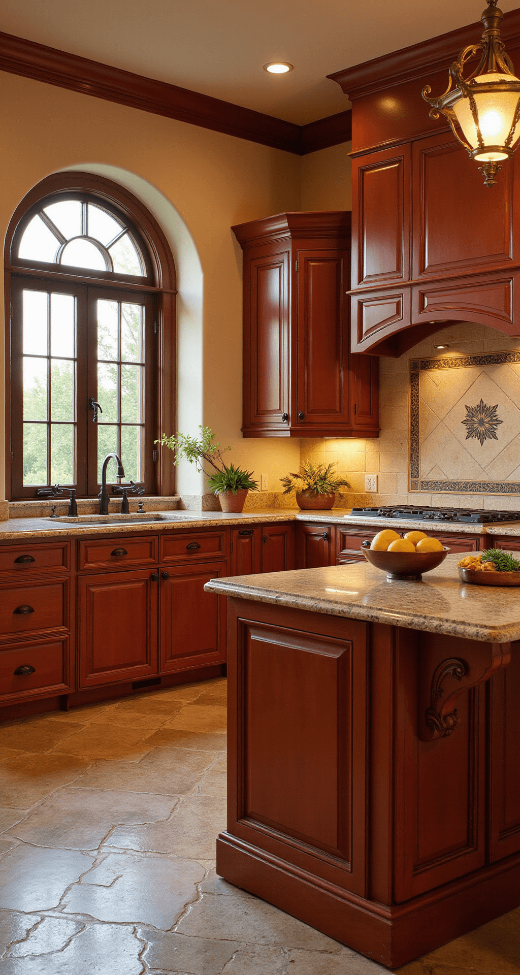 Warm golden hour illuminates a Mediterranean villa kitchen featuring terracotta-red cabinetry, arched wrought iron windows, and a copper range hood, with tumbled limestone flooring and a hand-painted tile backsplash, accented by fresh citrus and herbs in copper vessels.