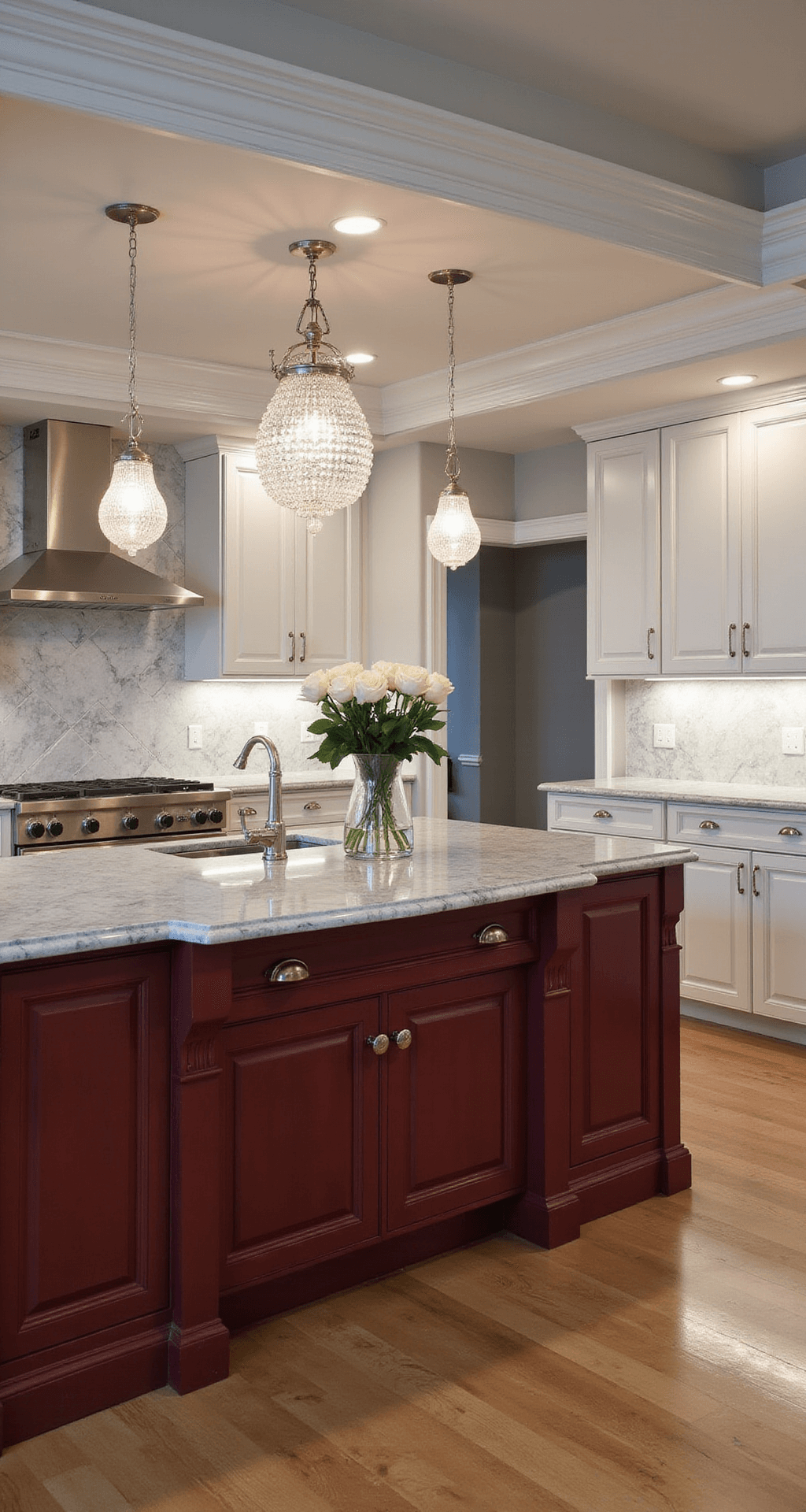 Sophisticated kitchen at dusk featuring a deep cherry-red island, white perimeter cabinets, coffered 10ft ceilings with a crystal chandelier, grey marble countertops, and herringbone marble backsplash, enhanced by dimmable recessed lighting and white roses in mercury glass.