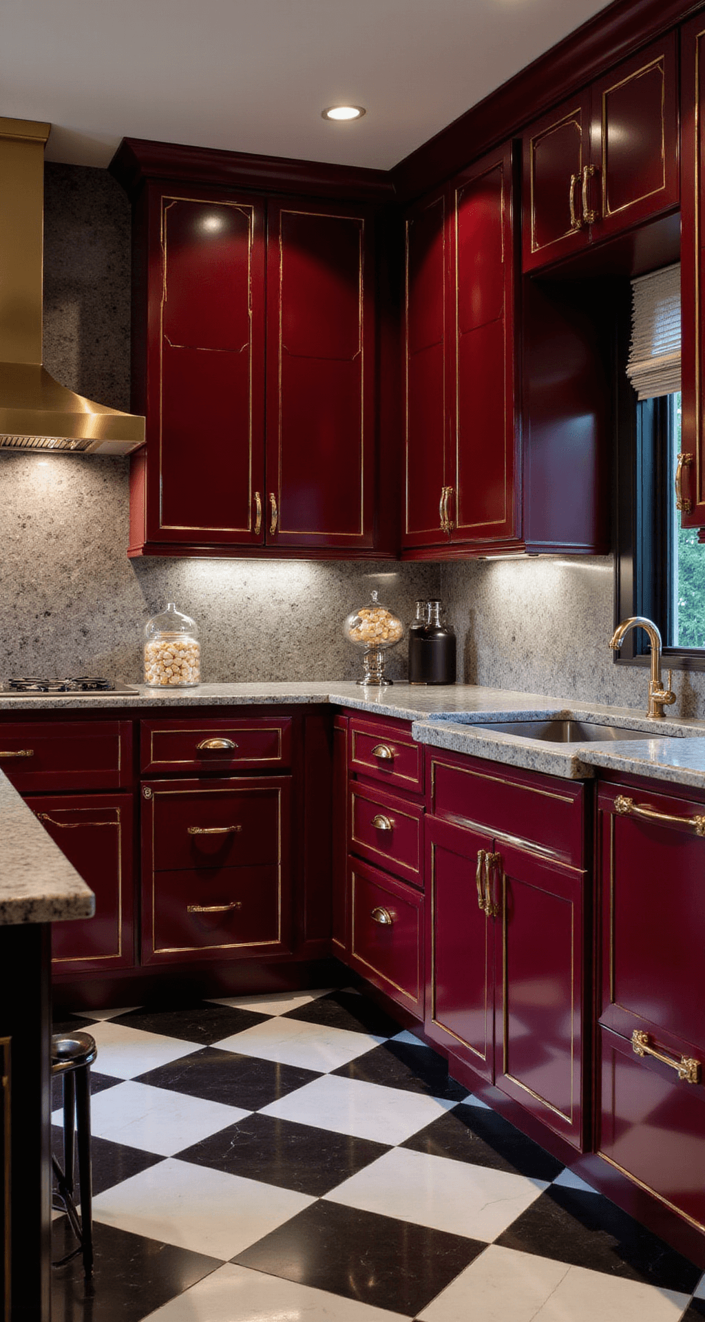 Glamorous Art Deco Revival kitchen with wine-red high-gloss cabinets, geometric brass inlays, a black and white checkered floor, mirrored backsplash with gold veining, waterfall quartzite countertops, and a statement brass hood, captured from a diagonal corner in dramatic evening lighting with moody undercabinet illumination reflecting off crystal decanters.