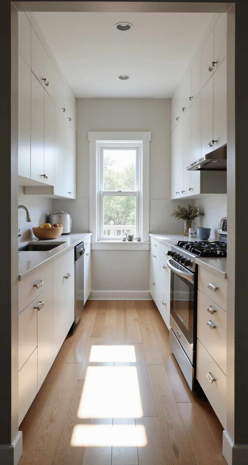 A bright modern galley kitchen with floor-to-ceiling white cabinets, quartz countertops, and stainless steel appliances, captured from a low angle with morning sunlight casting soft shadows.