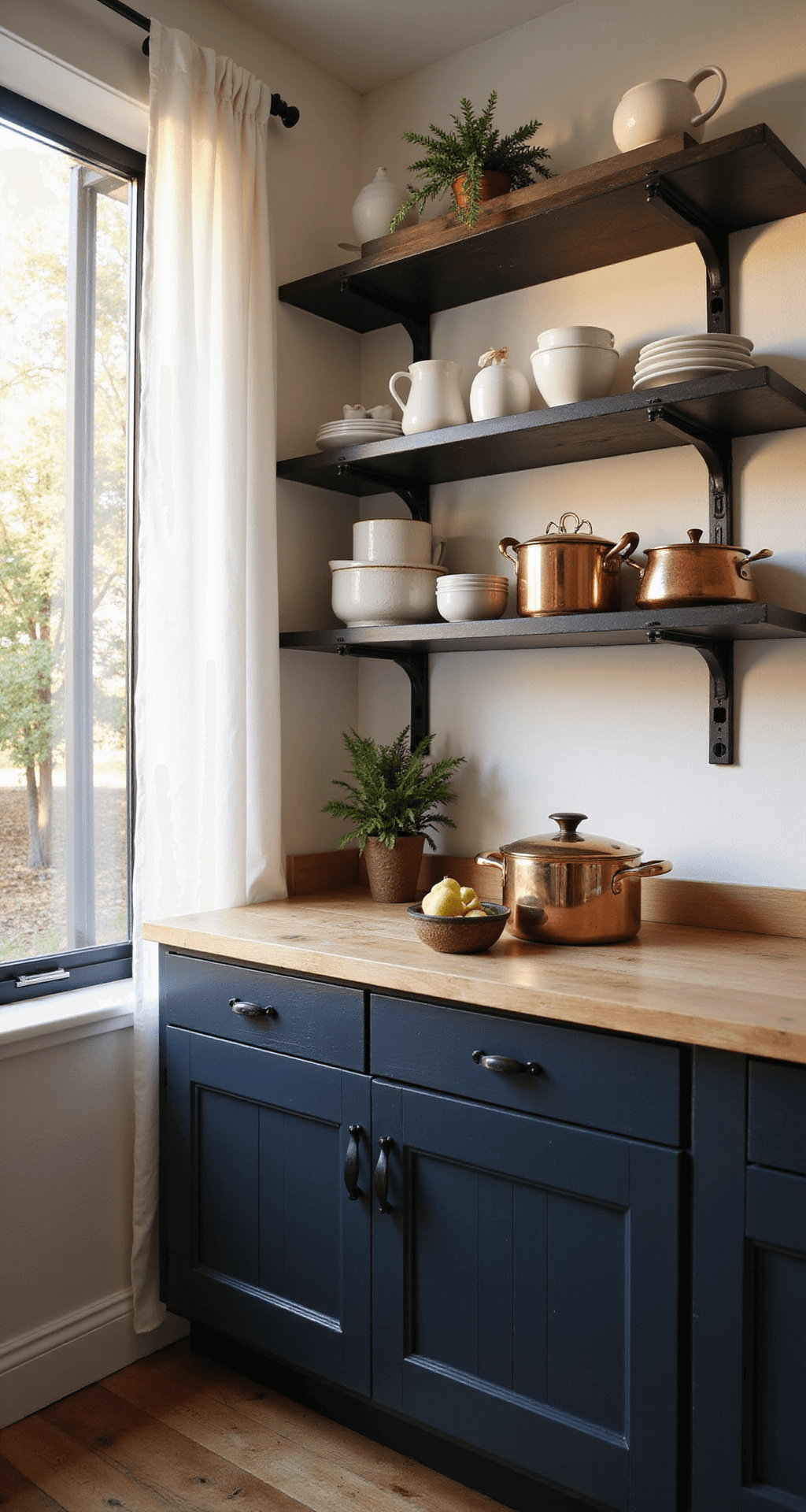 A cozy 10'x10' corner kitchen featuring industrial blackened steel open shelving filled with white ceramics and copper cookware. The space is illuminated by golden hour light streaming through sheer curtains, with deep navy shiplap lower cabinets and warm natural wood countertops.