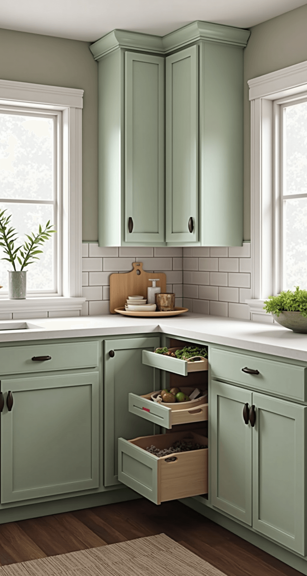 Compact L-shaped kitchen with innovative corner cabinet system, featuring a pearl gray lazy Susan mid-spin and sage green lower cabinet with pull-out organizing systems, shot straight-on to showcase functionality and accented with matte bronze hardware.
