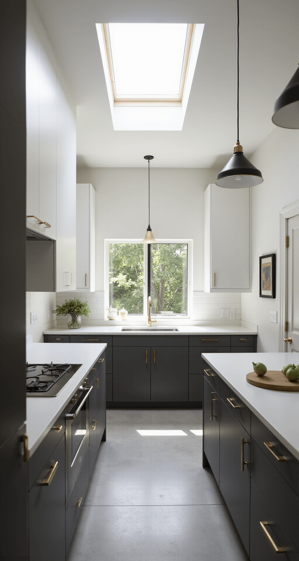 A minimalist galley kitchen featuring two-tone cabinets with cloud white upper units and charcoal gray lower units, illuminated by overhead pendant lights that cast dramatic shadows. Brushed brass cabinet hardware contrasts with the dark bases, while morning light shines through a skylight, enhancing the textures in the space. Shot from the end of the kitchen with a 35mm lens.