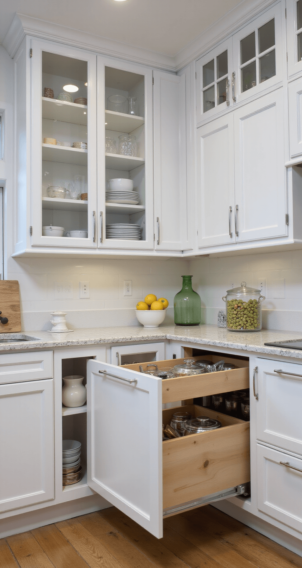 A modern U-shaped kitchen with vertical divider storage, glass-front upper cabinets with LED lighting showcasing organized cookware, a partially extended pull-out pantry unit, and bright cool white lighting highlighting the sleek design and chrome finishes.